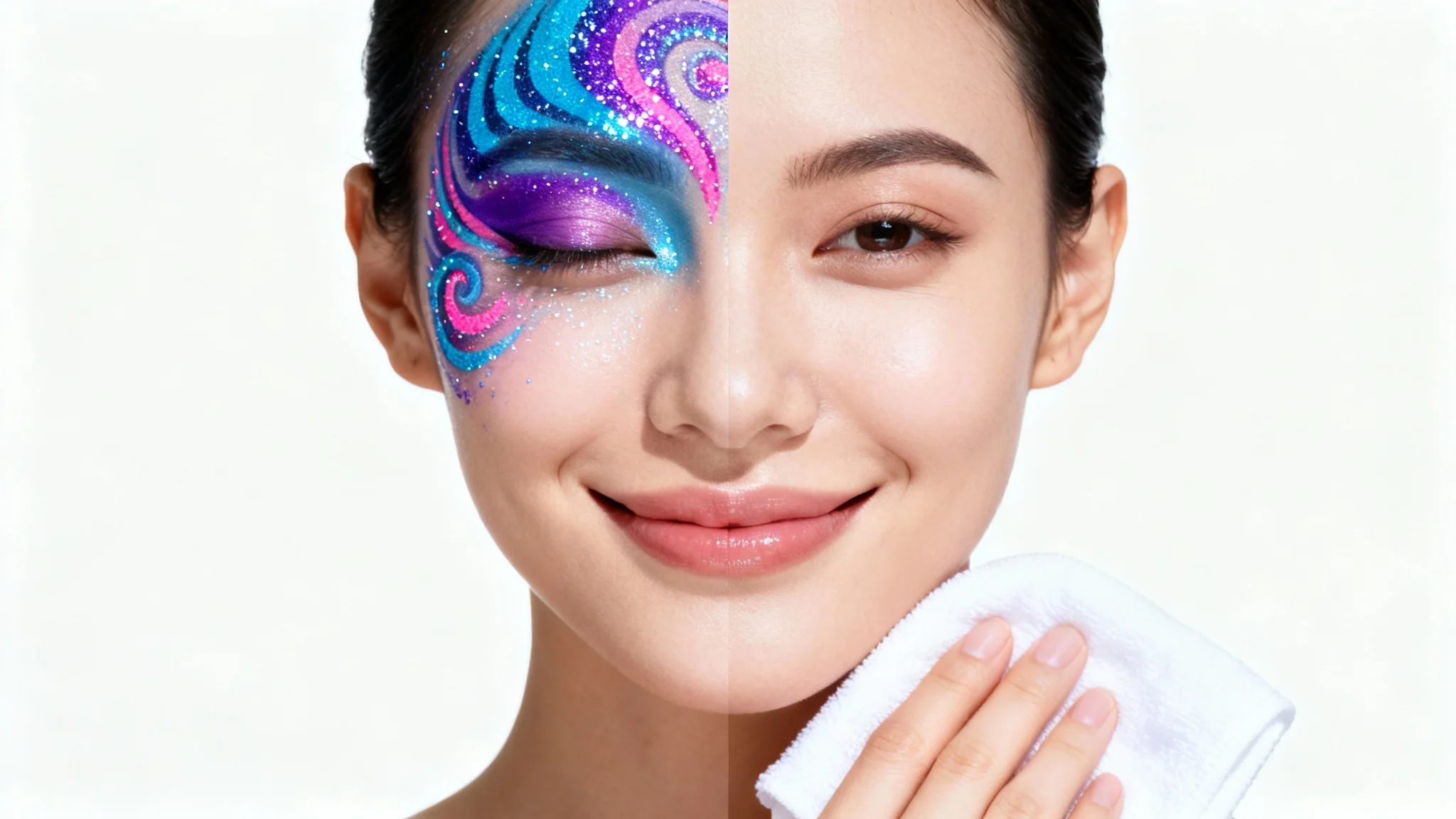 A close-up image showing a woman's face half-covered in colorful face paint and half-perfectly clean, demonstrating the effective removal of the paint.