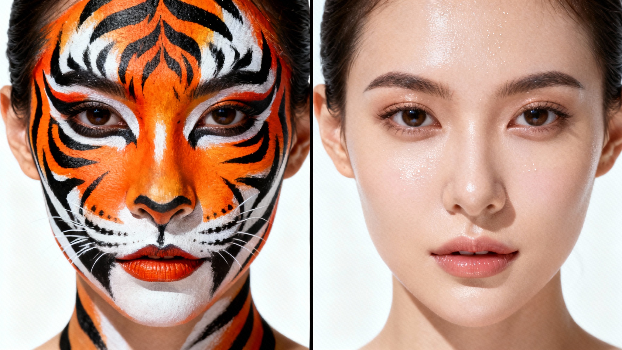 A split-screen image showing a before-and-after of face paint removal on a woman's face. The left side has vibrant tiger-stripe face paint, and the right side is completely clean and clear.