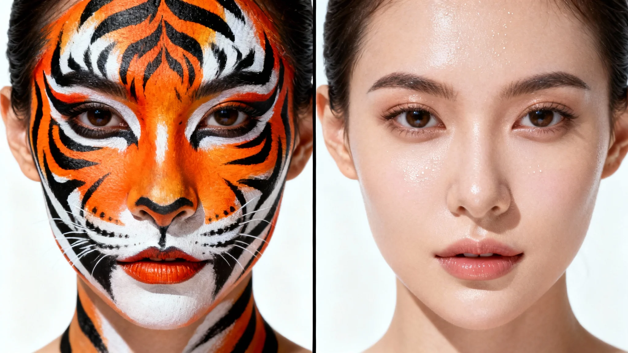 A split-screen image showing a before-and-after of face paint removal on a woman's face. The left side has vibrant tiger-stripe face paint, and the right side is completely clean and clear.