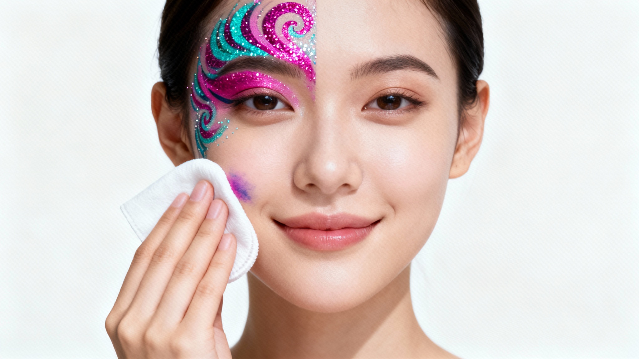 A close-up of a woman's face, half-covered in colorful face paint, while she uses a white wipe to gently clean the other half, showing the paint coming off easily against a white background.