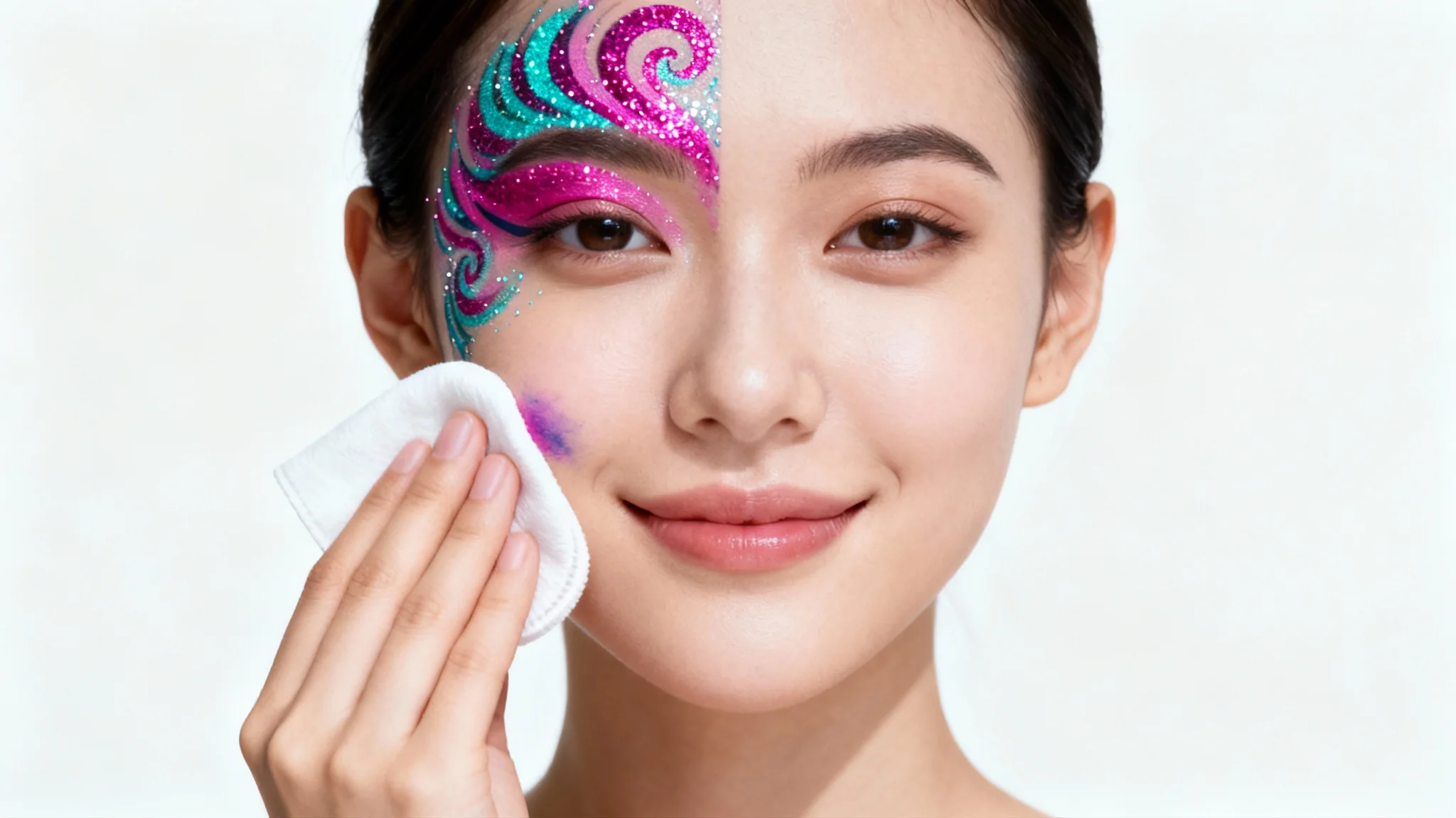 A close-up of a woman's face, half-covered in colorful face paint, while she uses a white wipe to gently clean the other half, showing the paint coming off easily against a white background.