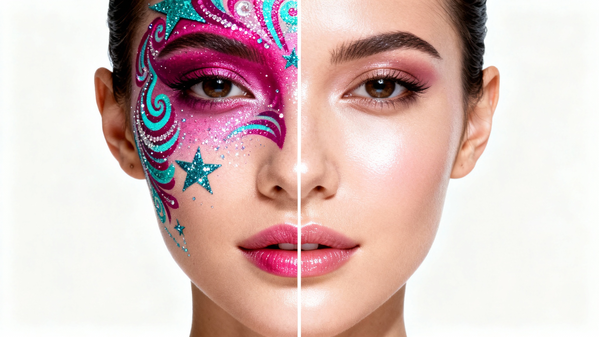 An ultra-realistic image of a woman's face, split in two: one side has vibrant festival face paint, and the other side is perfectly clean, showcasing an effective face paint removal.