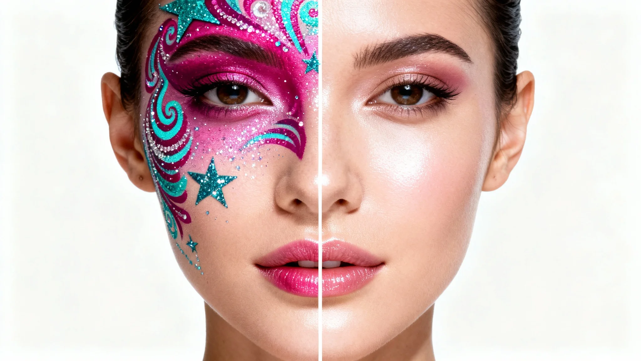 An ultra-realistic image of a woman's face, split in two: one side has vibrant festival face paint, and the other side is perfectly clean, showcasing an effective face paint removal.
