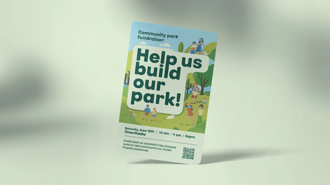A professionally designed fundraiser flyer for a community park, displayed against a clean background. The flyer has the headline 'Help Us Build Our Park!' and features cheerful illustrations of trees and families.