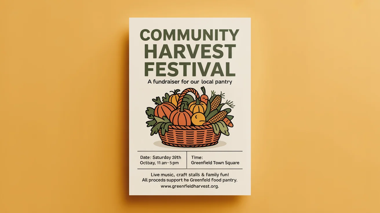 A mockup of a fundraiser flyer for a 'Community Harvest Festival' on a white background. It features an illustration of a harvest basket and includes event details like date, time, and location.