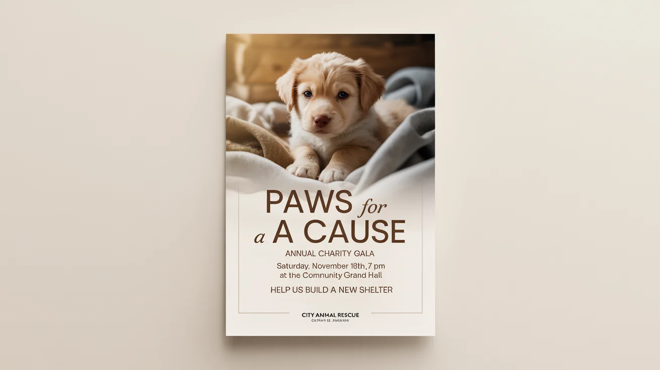 A mockup of a professionally designed fundraiser flyer for an animal rescue charity gala called 'Paws for a Cause', featuring a picture of a puppy and event details, on a white background.
