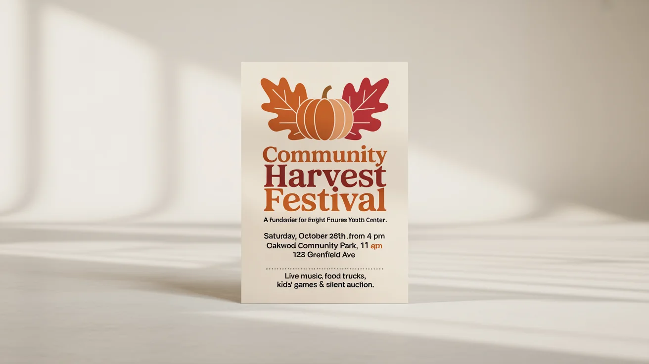 A professionally designed mockup of a fundraiser flyer for a 'Community Harvest Festival'. The flyer uses an autumn color scheme and lists event details, set against a plain white background.