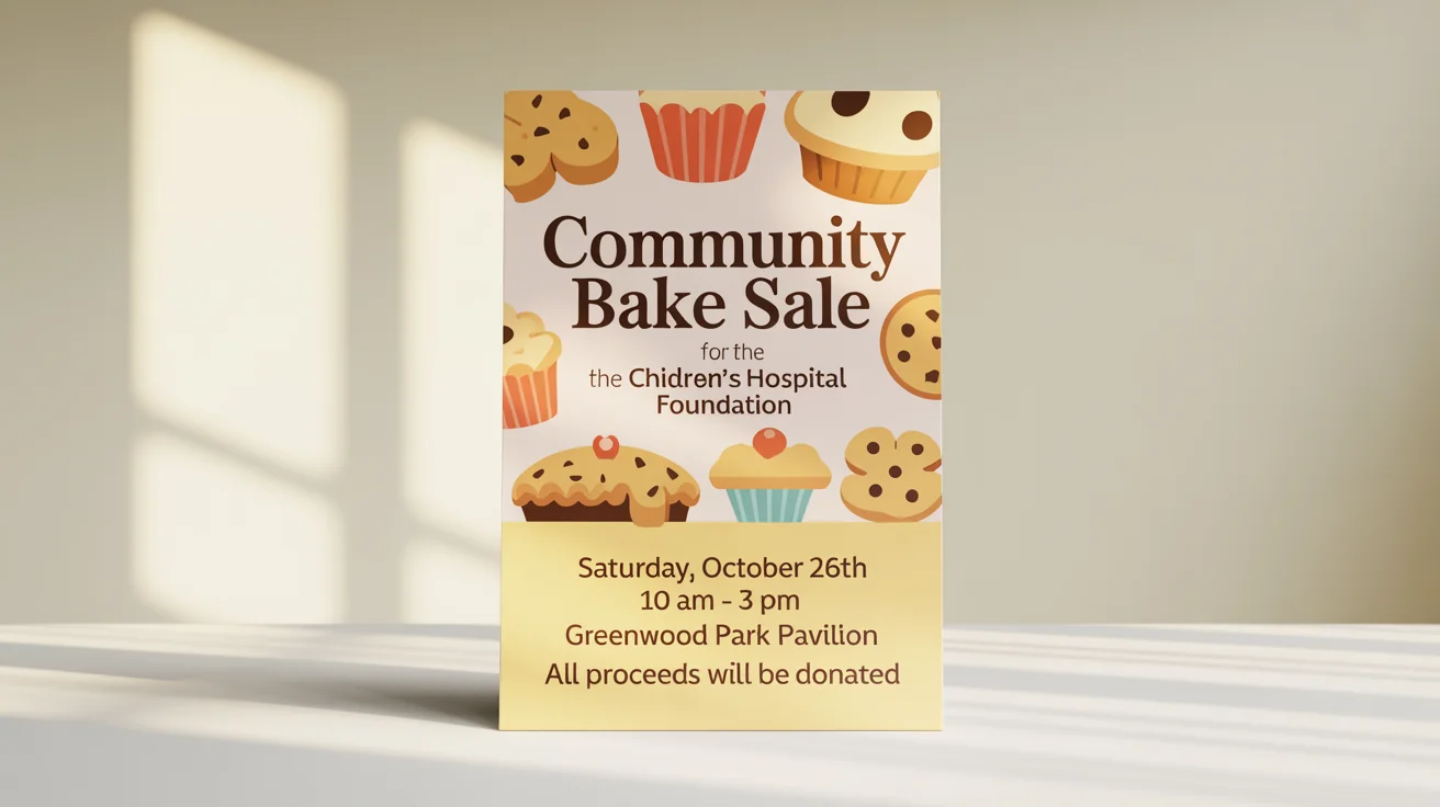 A professionally designed mockup of a fundraiser flyer for a community bake sale. The flyer features illustrations of baked goods and has the headline 'Community Bake Sale' with event details listed below, all on a white background.
