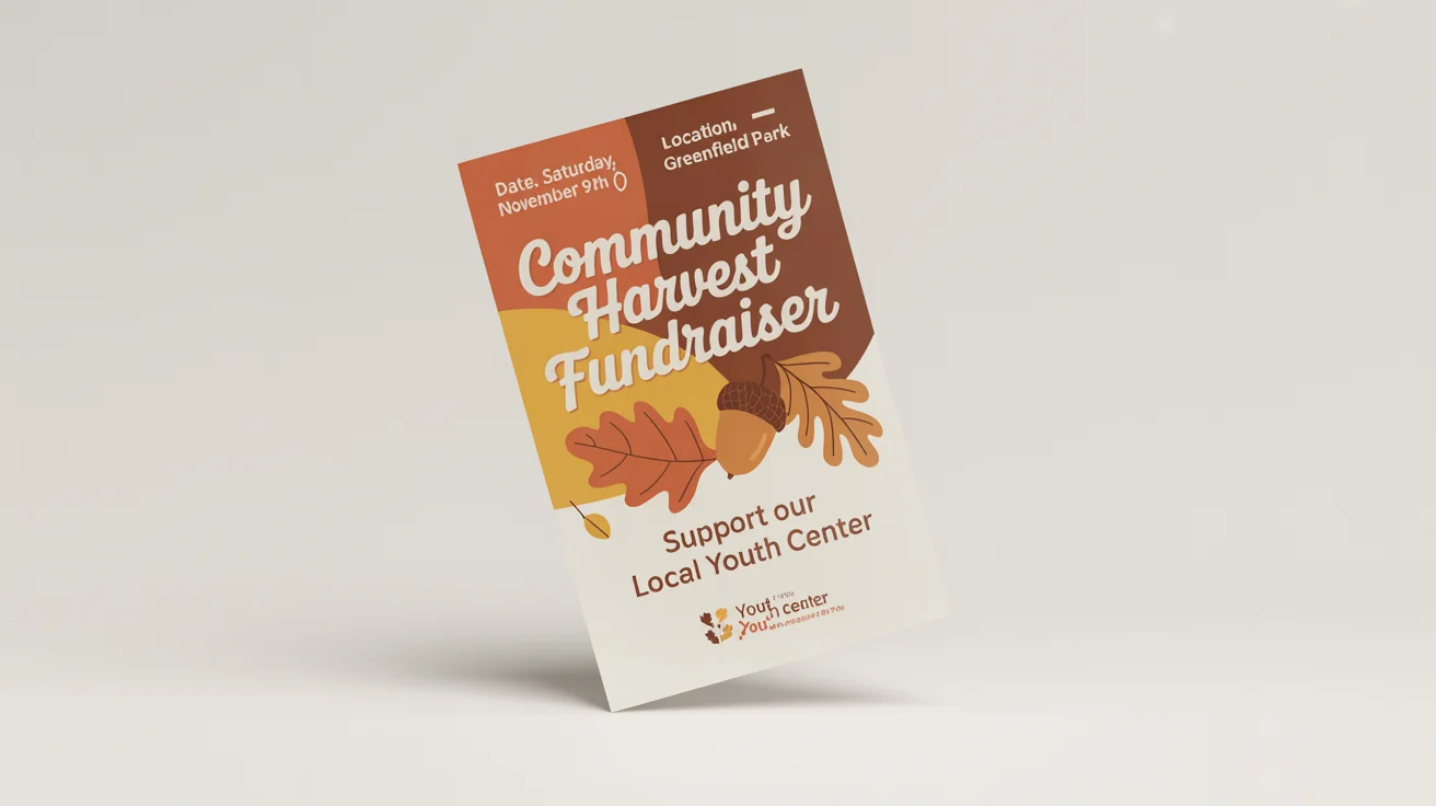 A mockup of a fundraiser flyer for a 'Community Harvest Fundraiser' event, shown against a plain white background. The flyer features autumn colors and legible text for event details.