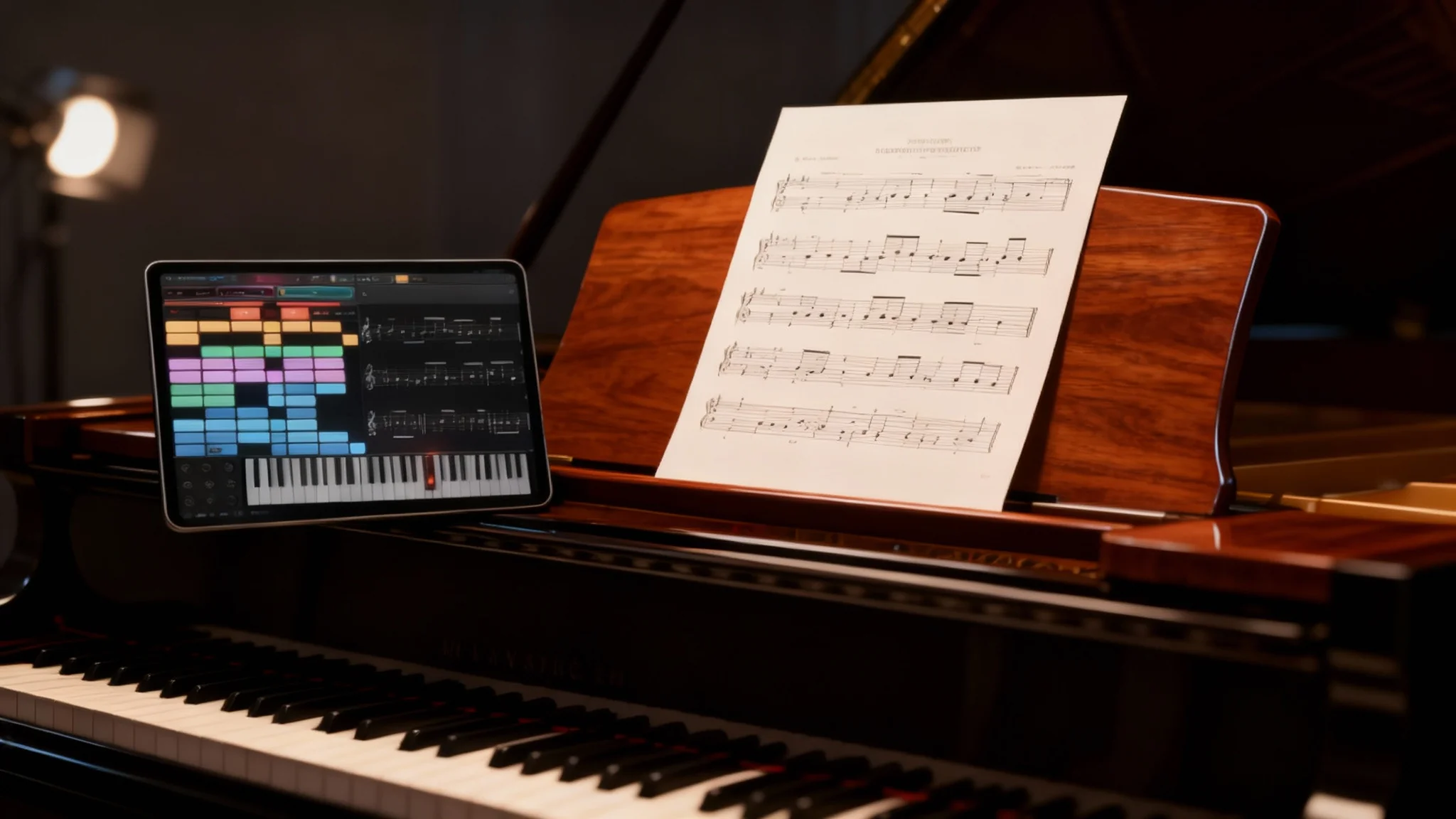 A beautiful shot of printed sheet music and a tablet displaying the same score, both resting on a grand piano, representing the final result of a MIDI to sheet music tool.