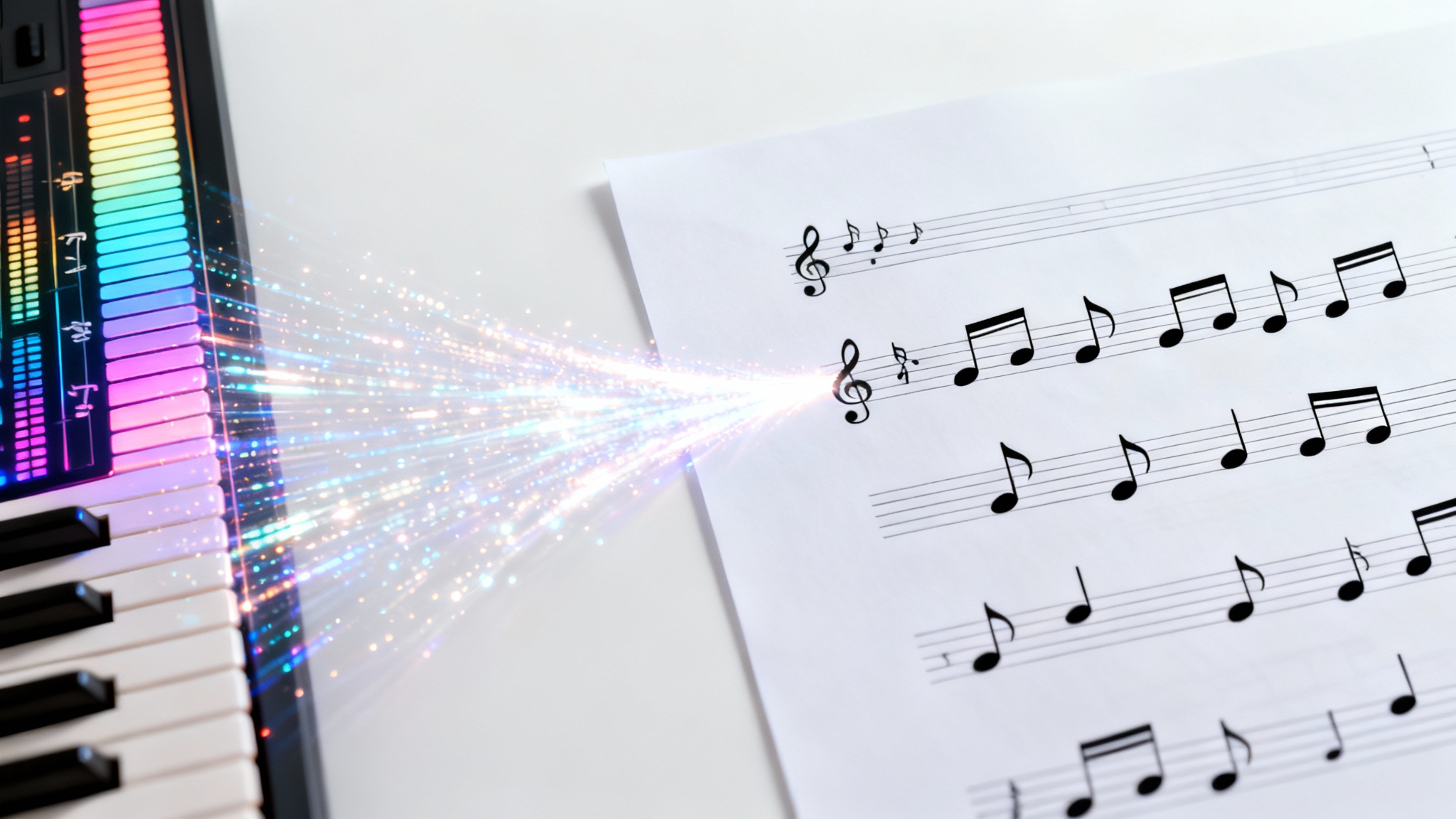 An abstract image showing glowing digital MIDI notes transforming into traditional black musical notes on a sheet of music, symbolizing a MIDI to sheet music converter.
