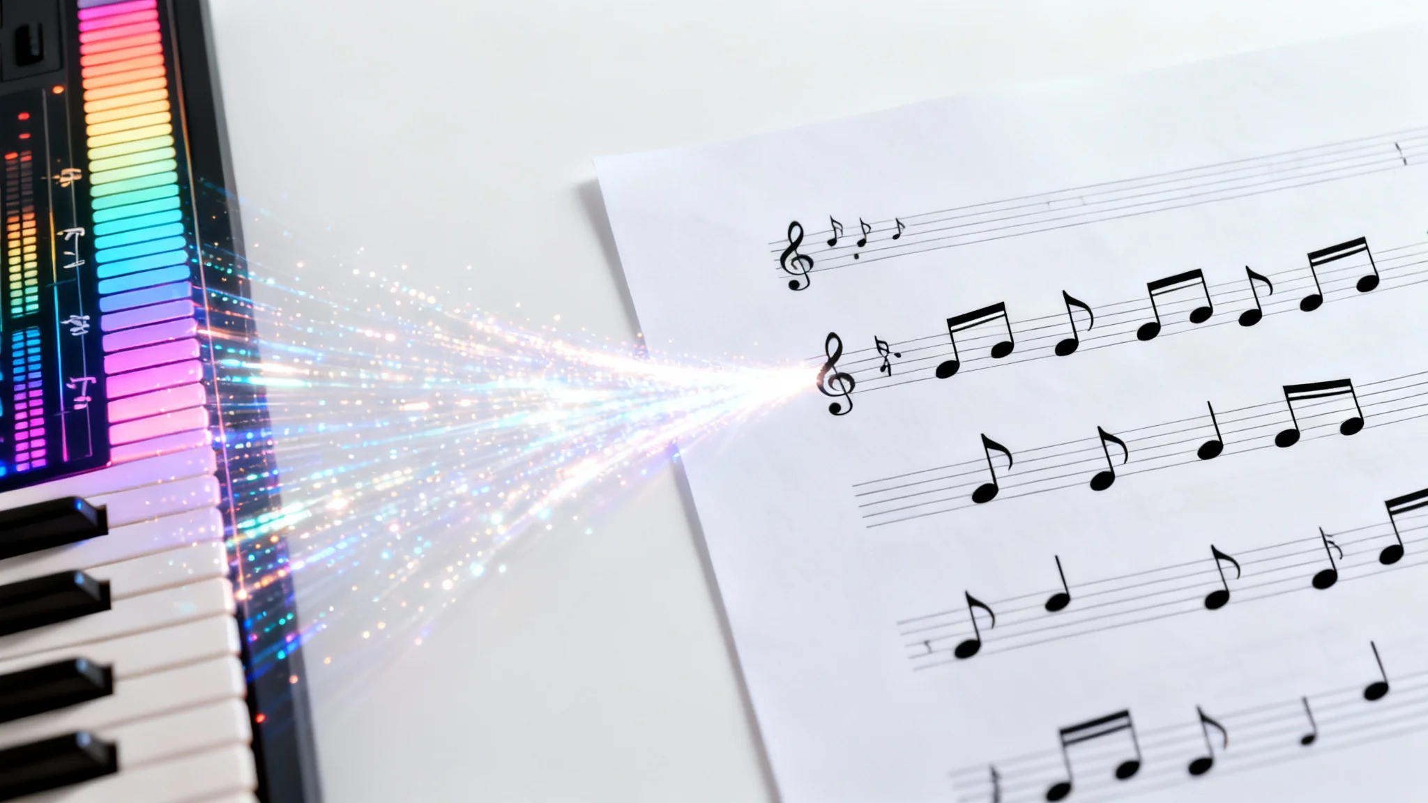 An abstract image showing glowing digital MIDI notes transforming into traditional black musical notes on a sheet of music, symbolizing a MIDI to sheet music converter.