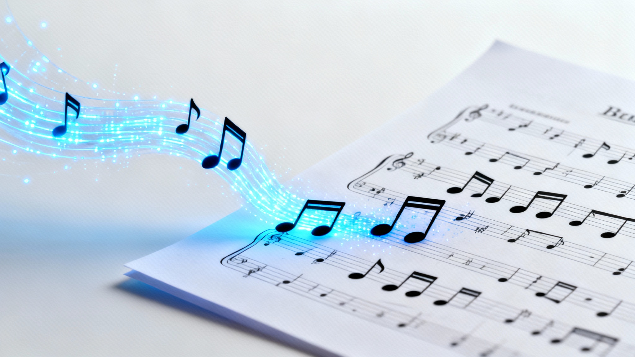 A visual representation of MIDI to sheet music conversion, showing glowing blue digital lines seamlessly transforming into printed musical notes on a sheet of paper against a white background.