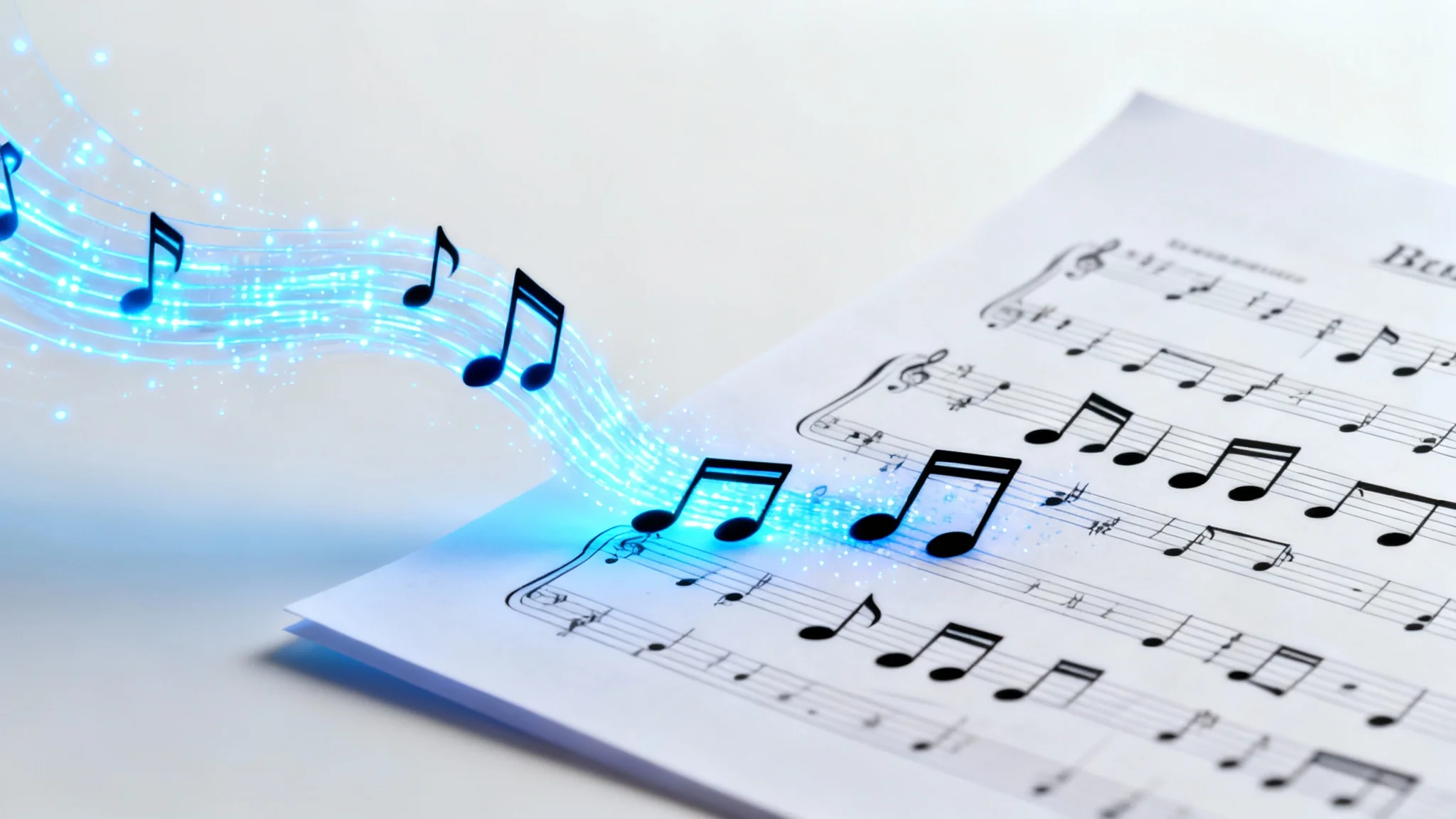 A visual representation of MIDI to sheet music conversion, showing glowing blue digital lines seamlessly transforming into printed musical notes on a sheet of paper against a white background.