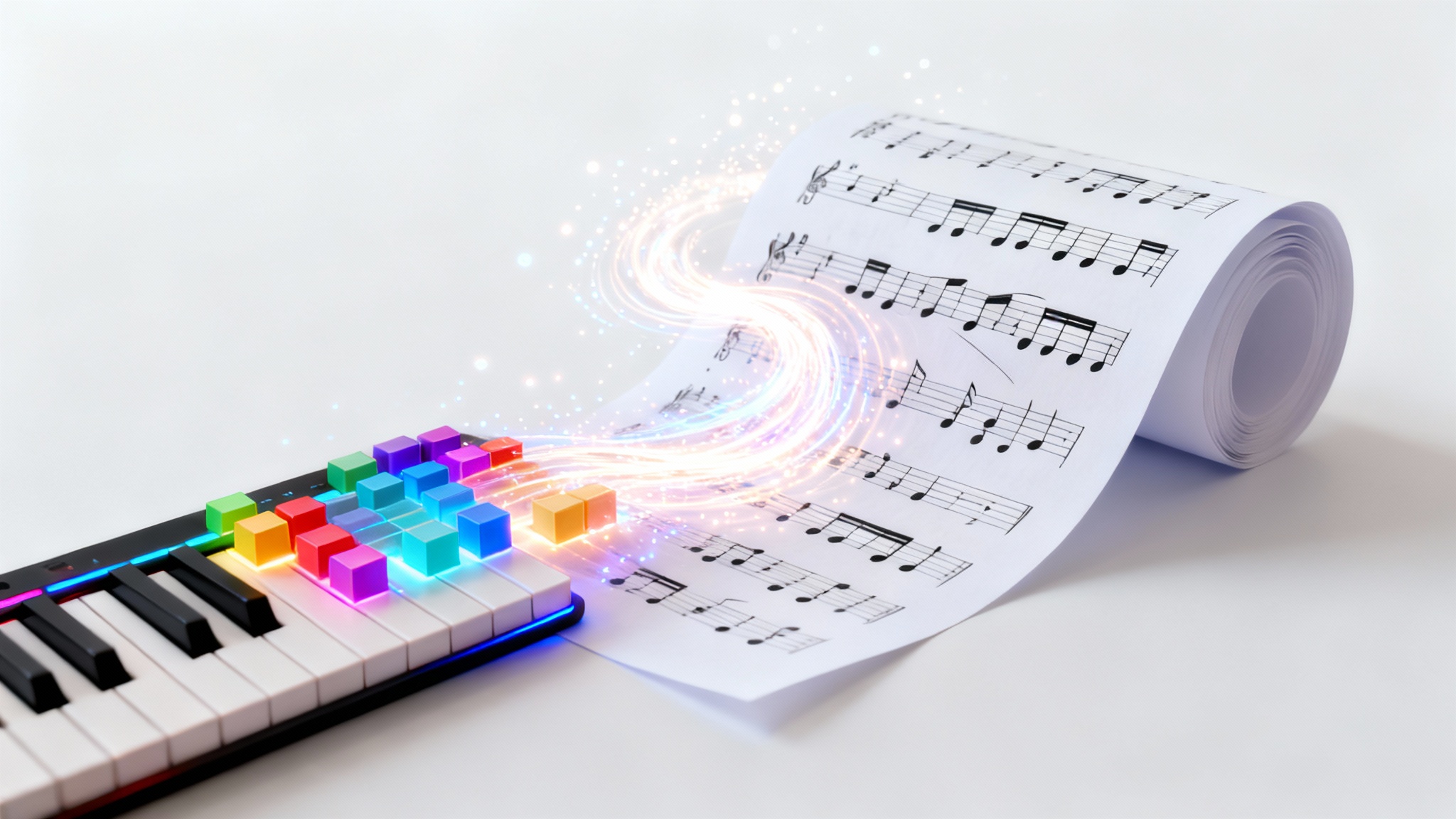 A visual metaphor for converting MIDI to sheet music, showing colorful digital MIDI notes flowing and transforming into traditional musical notation on a physical sheet of paper against a white background.