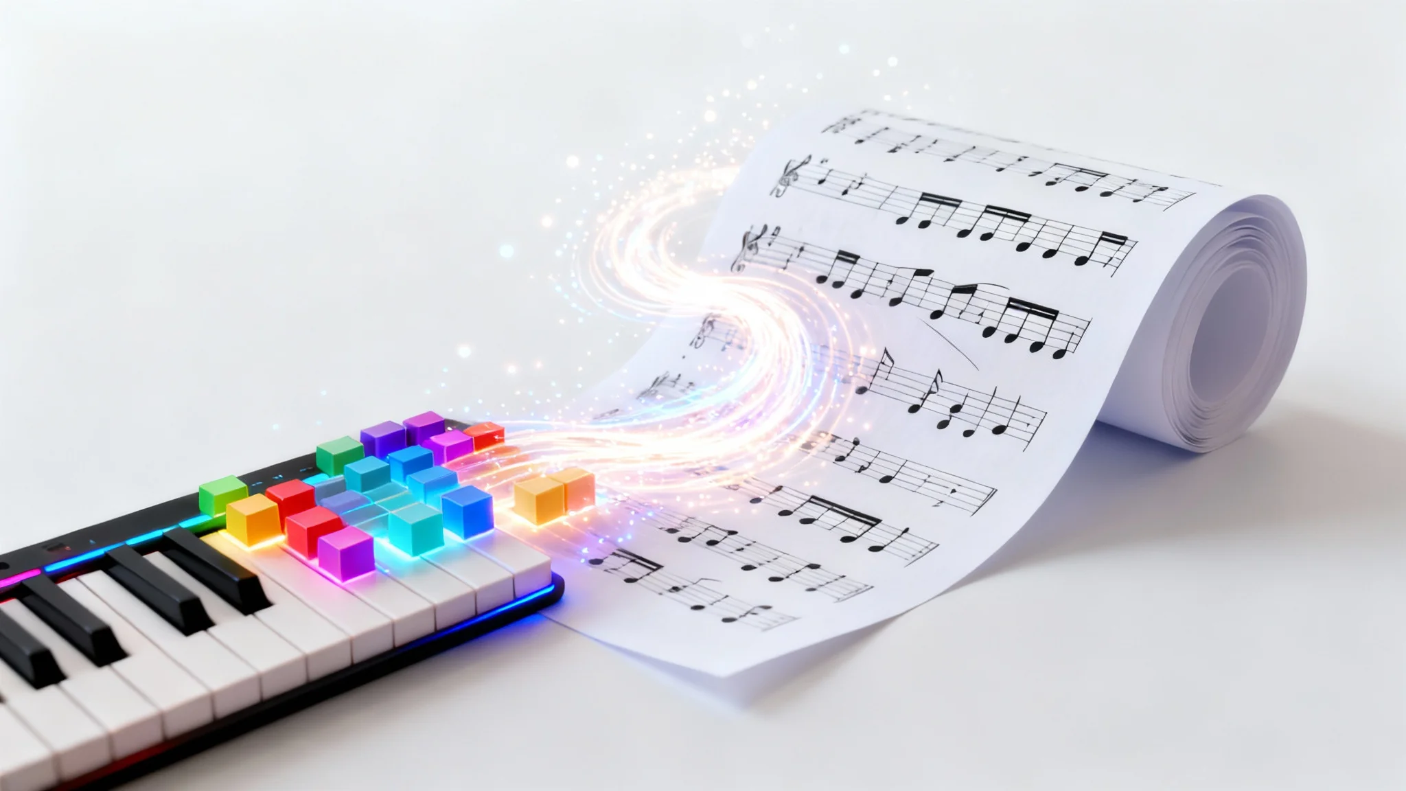 A visual metaphor for converting MIDI to sheet music, showing colorful digital MIDI notes flowing and transforming into traditional musical notation on a physical sheet of paper against a white background.