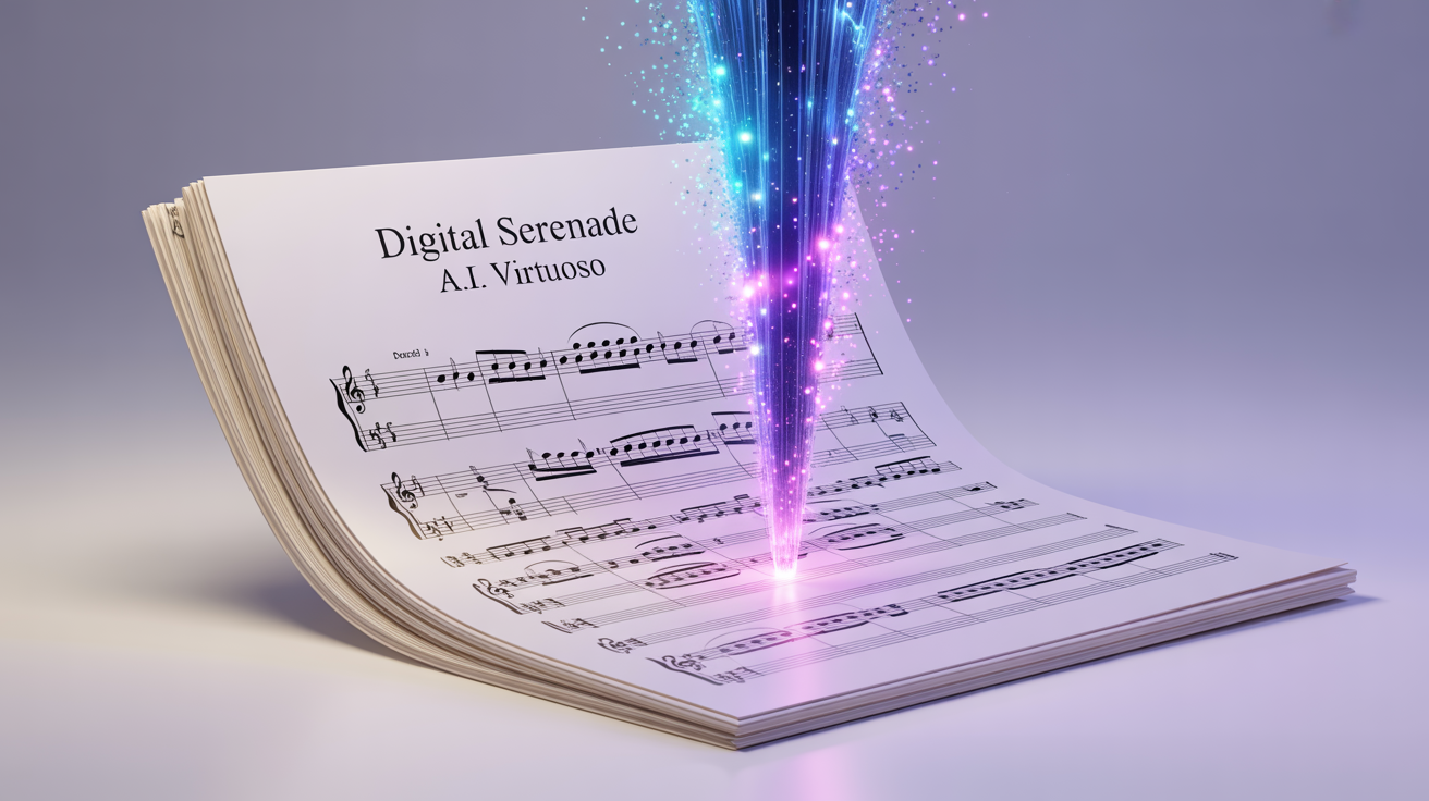 An artistic representation of MIDI to sheet music conversion, showing a glowing stream of digital light transforming into musical notes on a piece of staff paper against a white background.