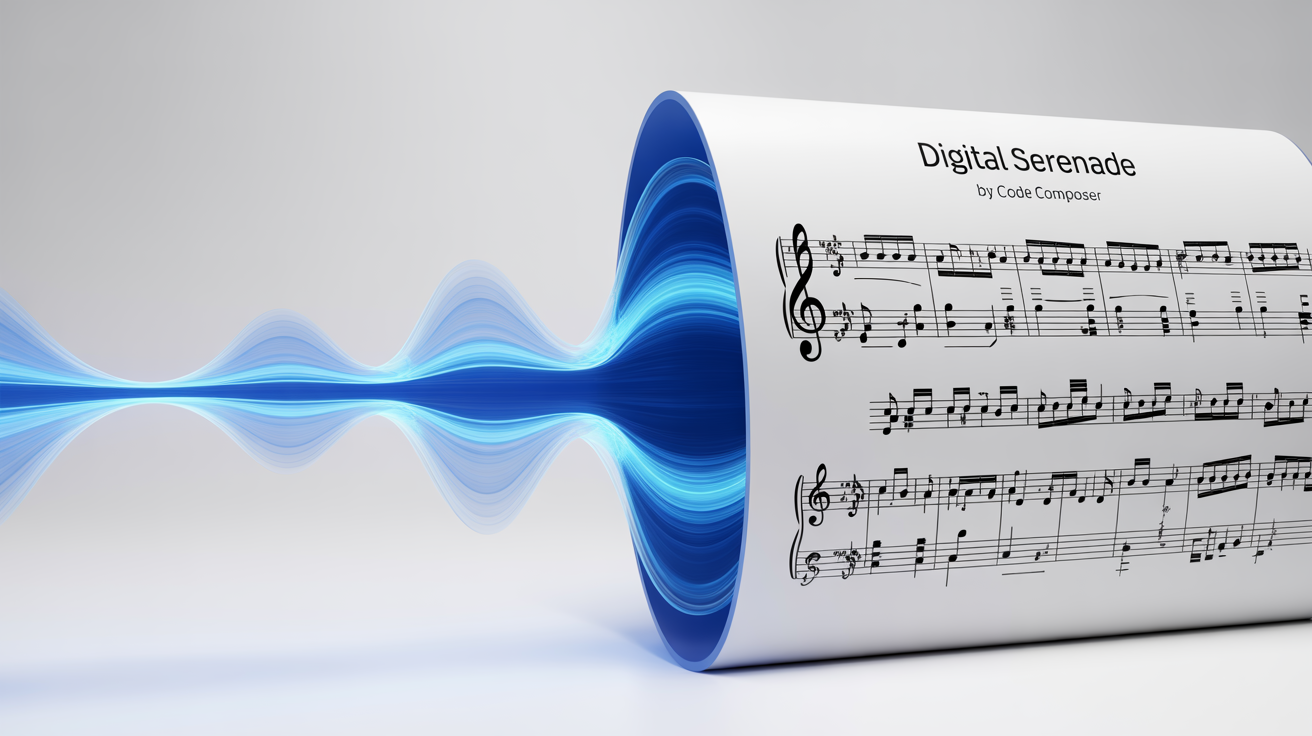 An abstract concept image showing a glowing blue digital soundwave on the left transforming into a physical page of sheet music on the right, all set against a clean white background.