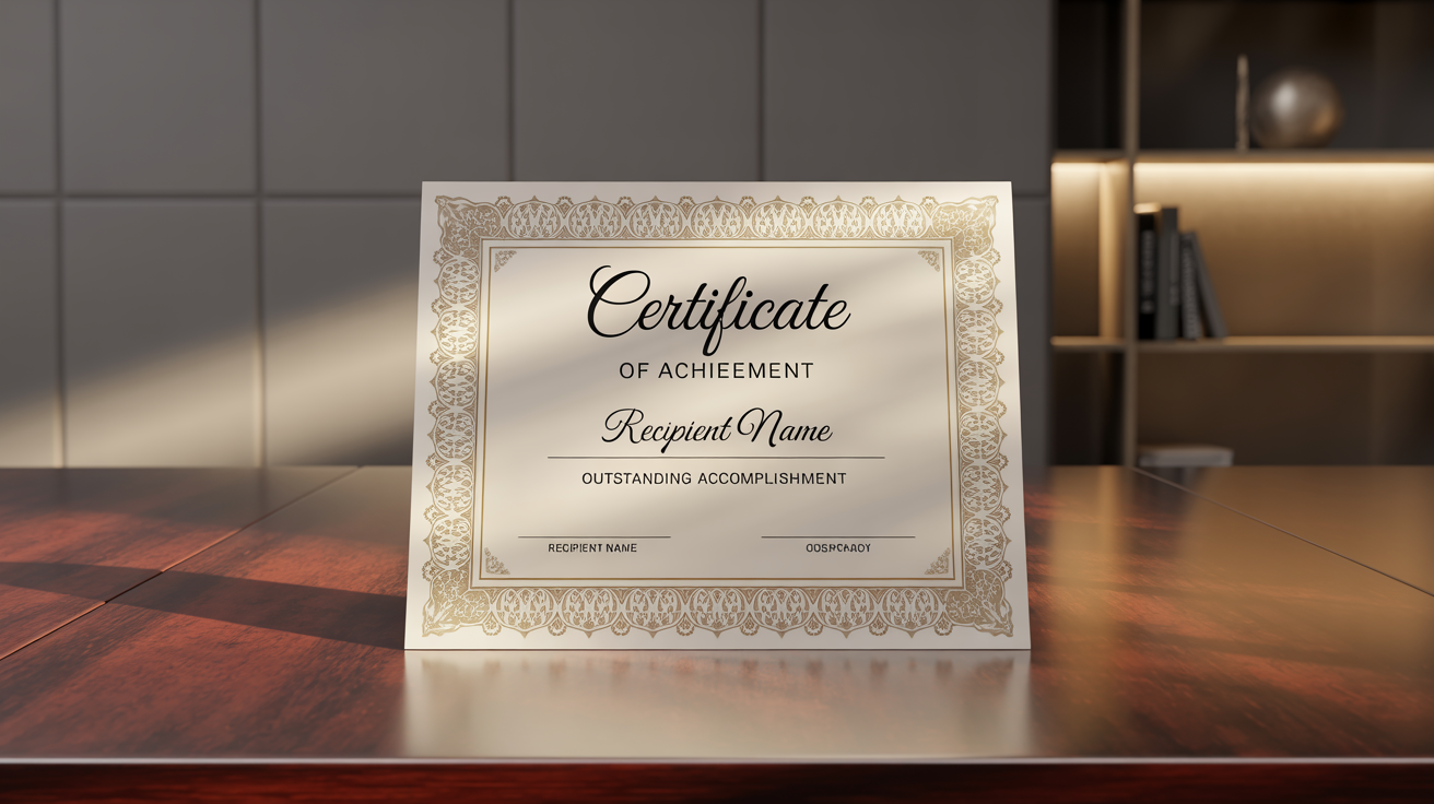 A photorealistic image of a completed certificate of achievement, featuring an elegant damask pattern in gold and cream as its background.