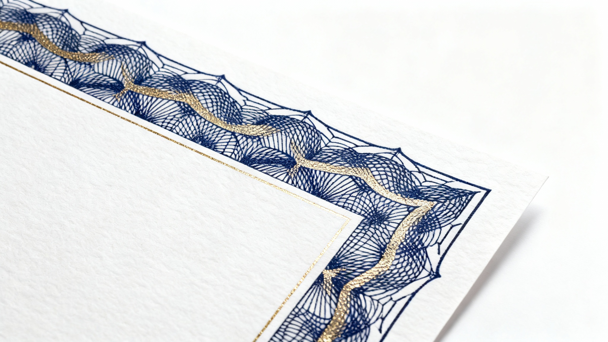 A close-up, top-down view of a sophisticated certificate background pattern featuring intricate, intertwining lines in navy blue and gold on a textured, off-white paper.