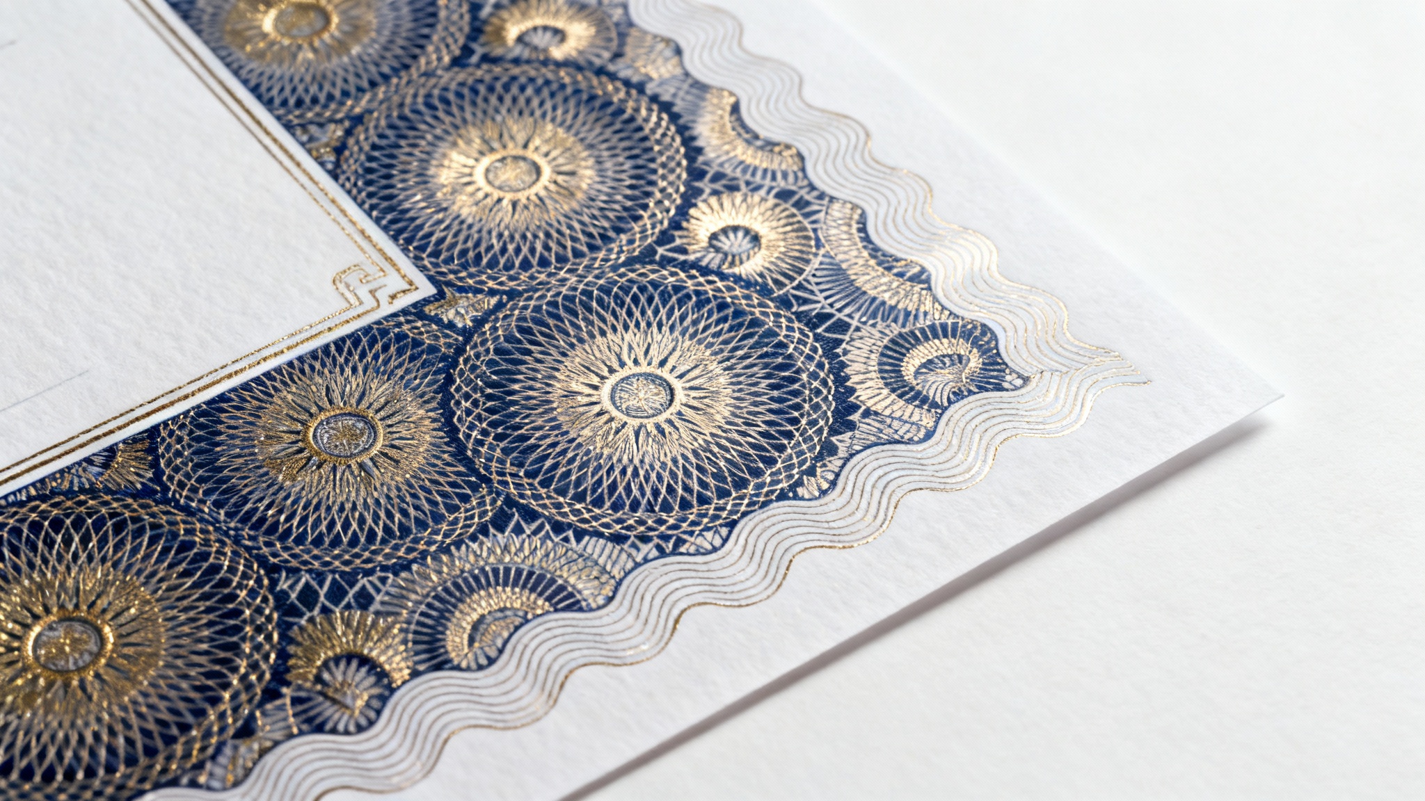 An elegant certificate background pattern with intricate navy blue and gold guilloche linework on a clean, off-white surface, shown from a top-down perspective.