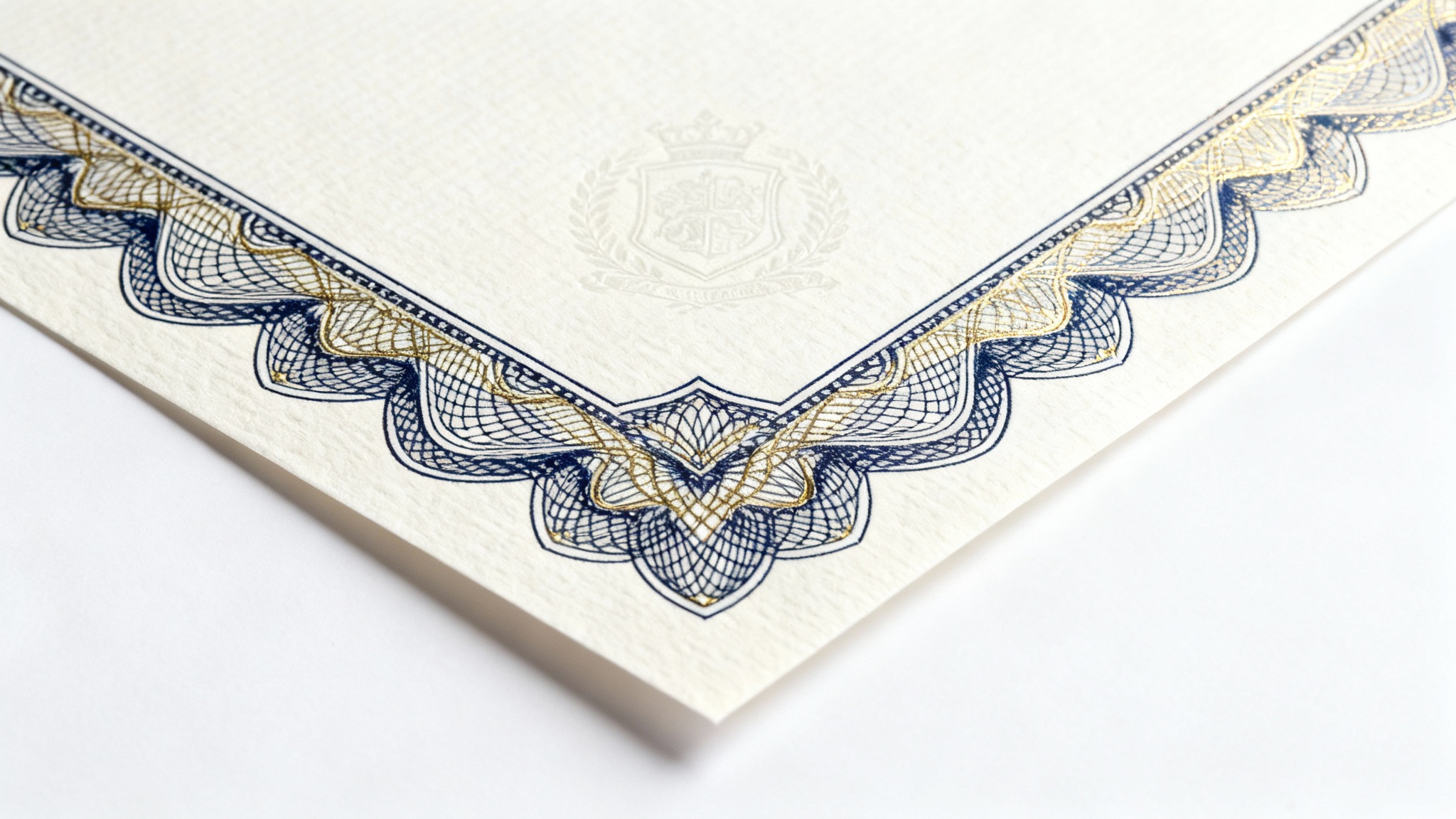 A mockup of a professional certificate background, displaying intricate navy blue and gold guilloche patterns on a textured, off-white paper, set against a plain white background.