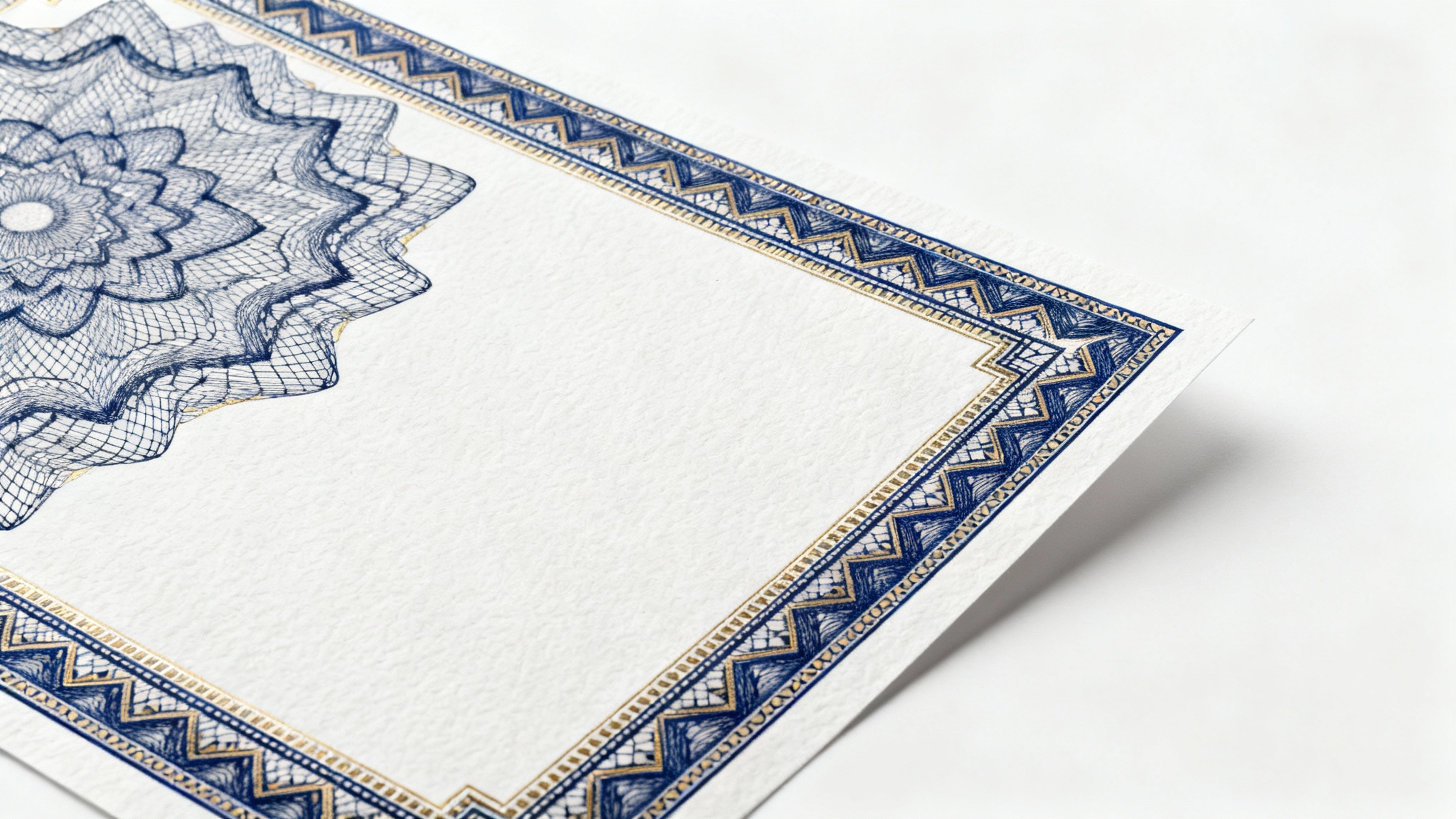 An elegant certificate background pattern featuring intricate blue and gold guilloche designs on textured paper, set against a clean white background.
