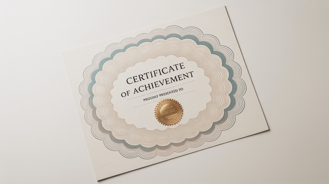 A close-up mockup of a professional certificate of achievement, showcasing an intricate teal and grey guilloche background pattern on textured paper against a white background.