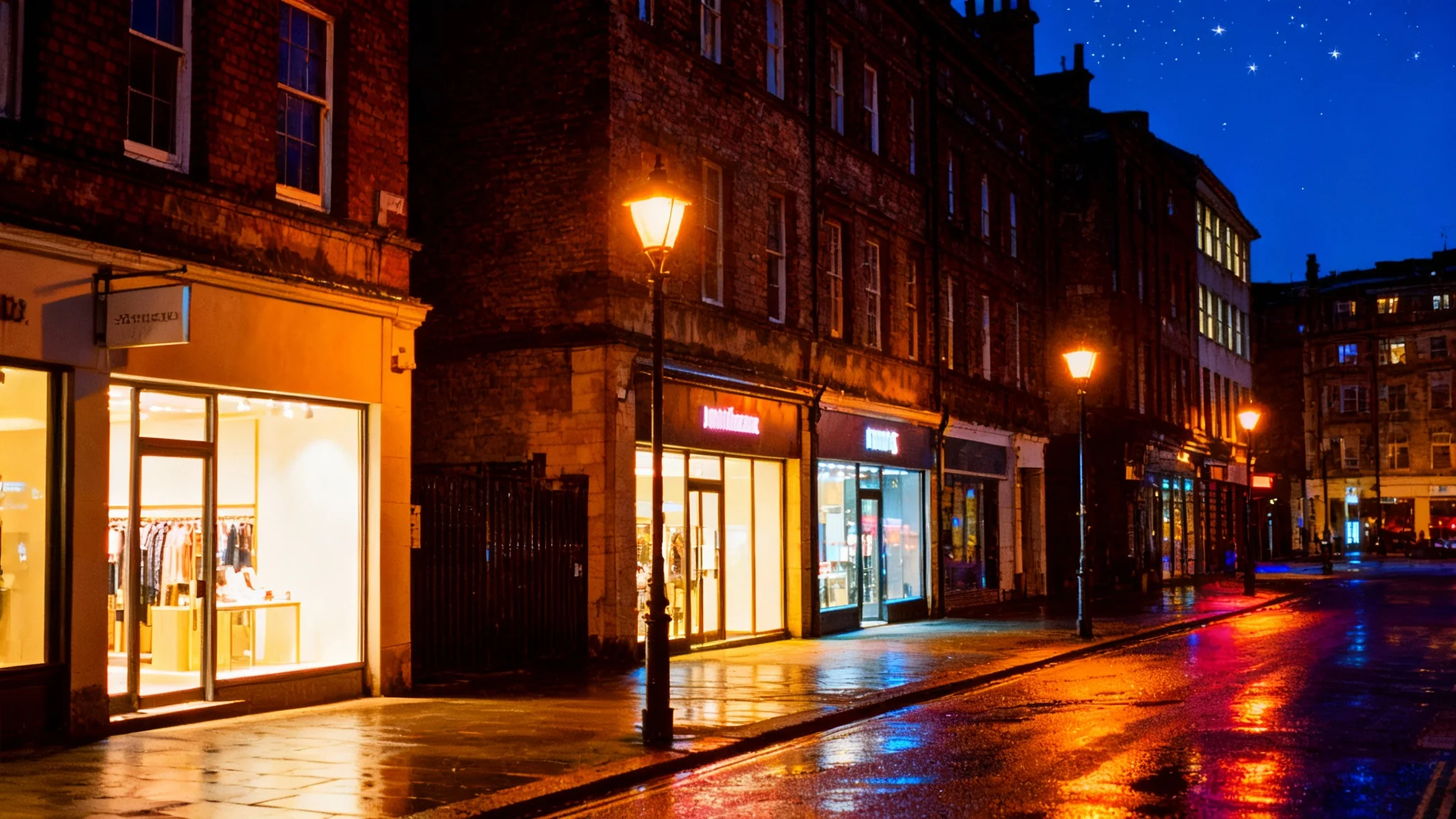 A brilliantly clear and vibrant photo of a city street at night, the result of low-light image enhancement, showing sharp details, vivid colors, and no grain.