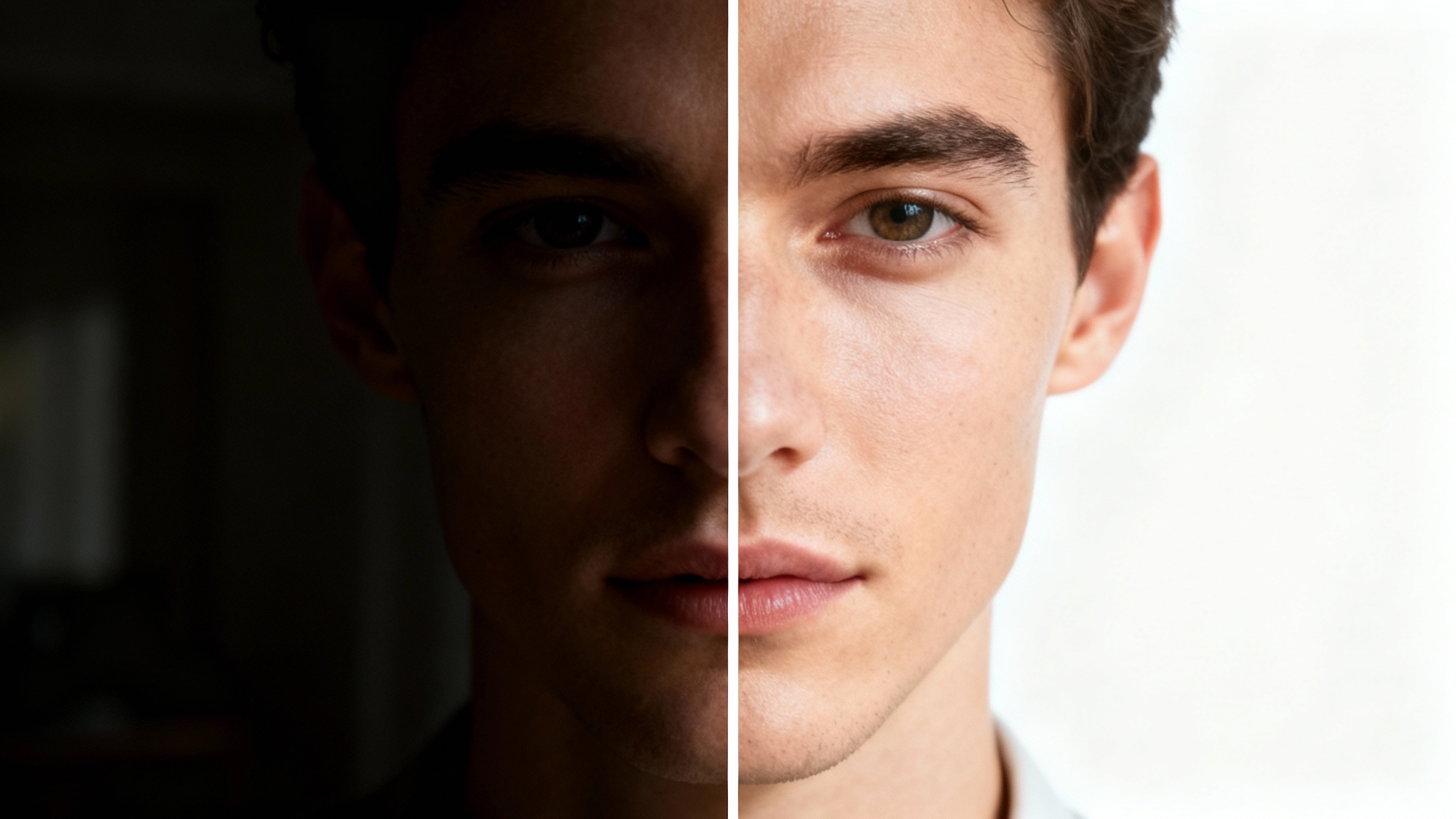 A split-image comparison of a portrait. The left side shows a dark, noisy photo of a face in low light. The right side shows the same photo after enhancement, now bright, clear, and detailed.