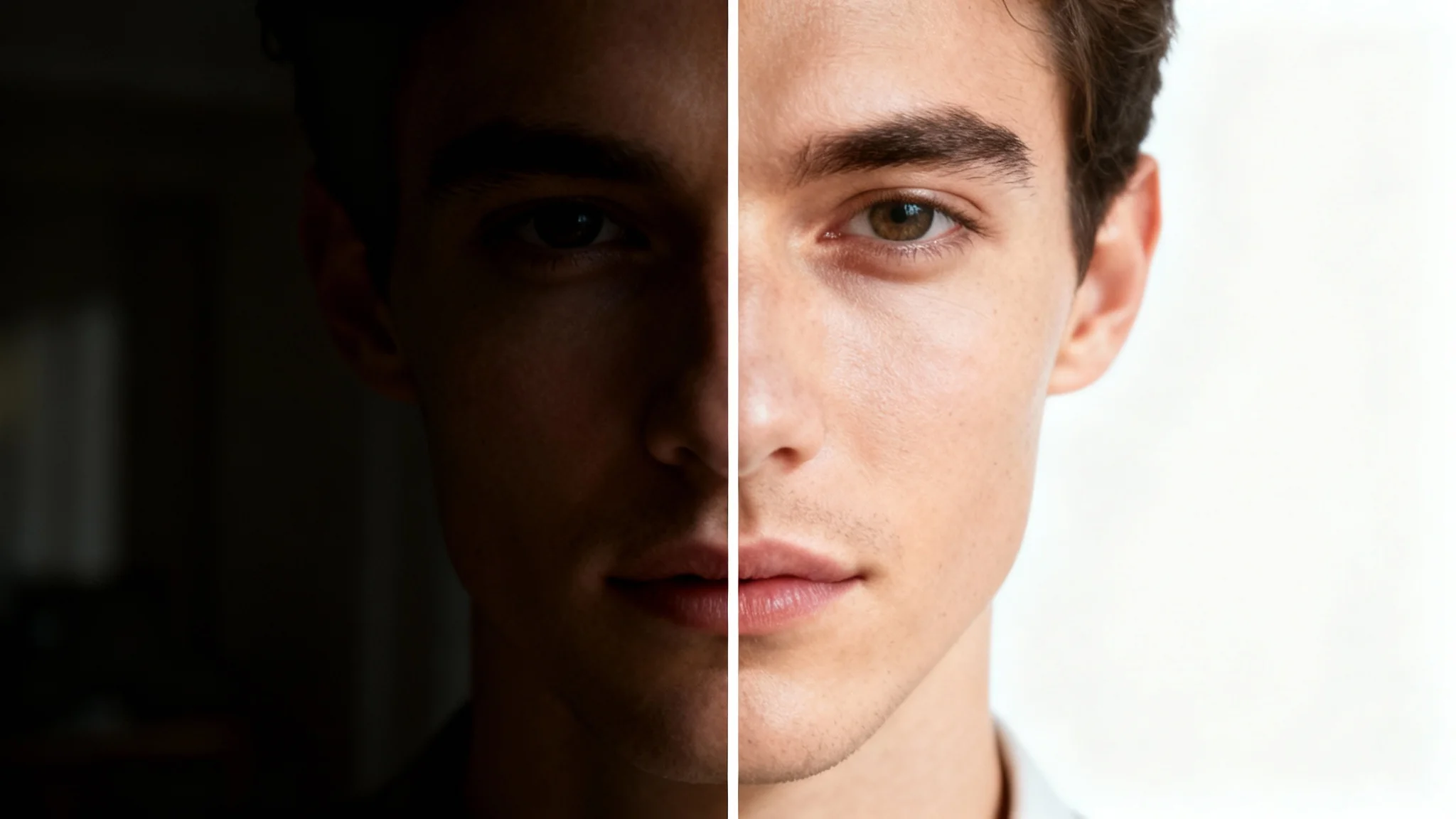 A split-image comparison of a portrait. The left side shows a dark, noisy photo of a face in low light. The right side shows the same photo after enhancement, now bright, clear, and detailed.