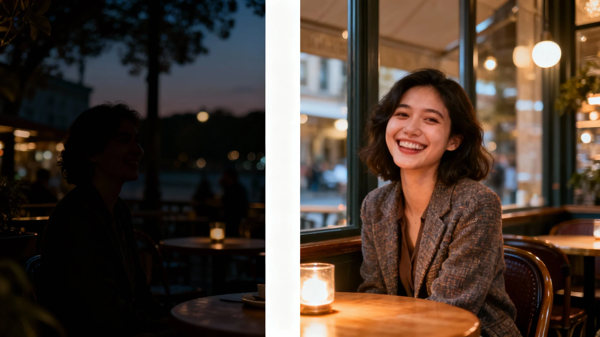 A side-by-side comparison image showing the effect of low light enhancement. The 'before' image on the left is dark and grainy, while the 'after' image on the right is bright, clear, and full of detail.