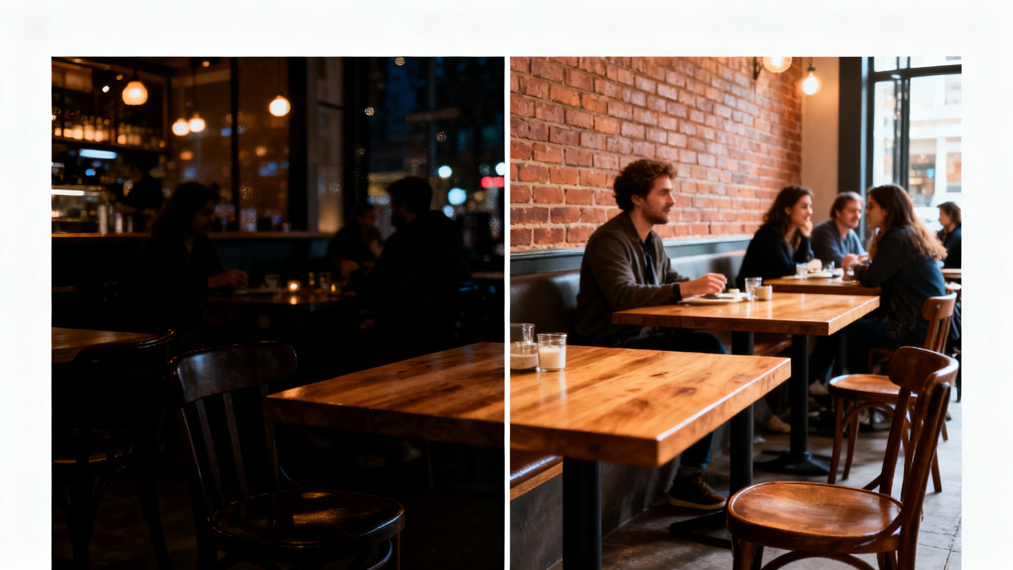 A before-and-after comparison of a low-light photo being enhanced. The left side shows a dark, grainy photo of a cafe at night, while the right side shows the same photo made bright, clear, and vibrant.