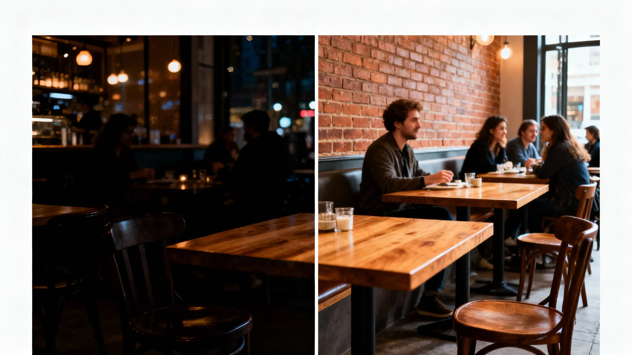 A before-and-after comparison of a low-light photo being enhanced. The left side shows a dark, grainy photo of a cafe at night, while the right side shows the same photo made bright, clear, and vibrant.