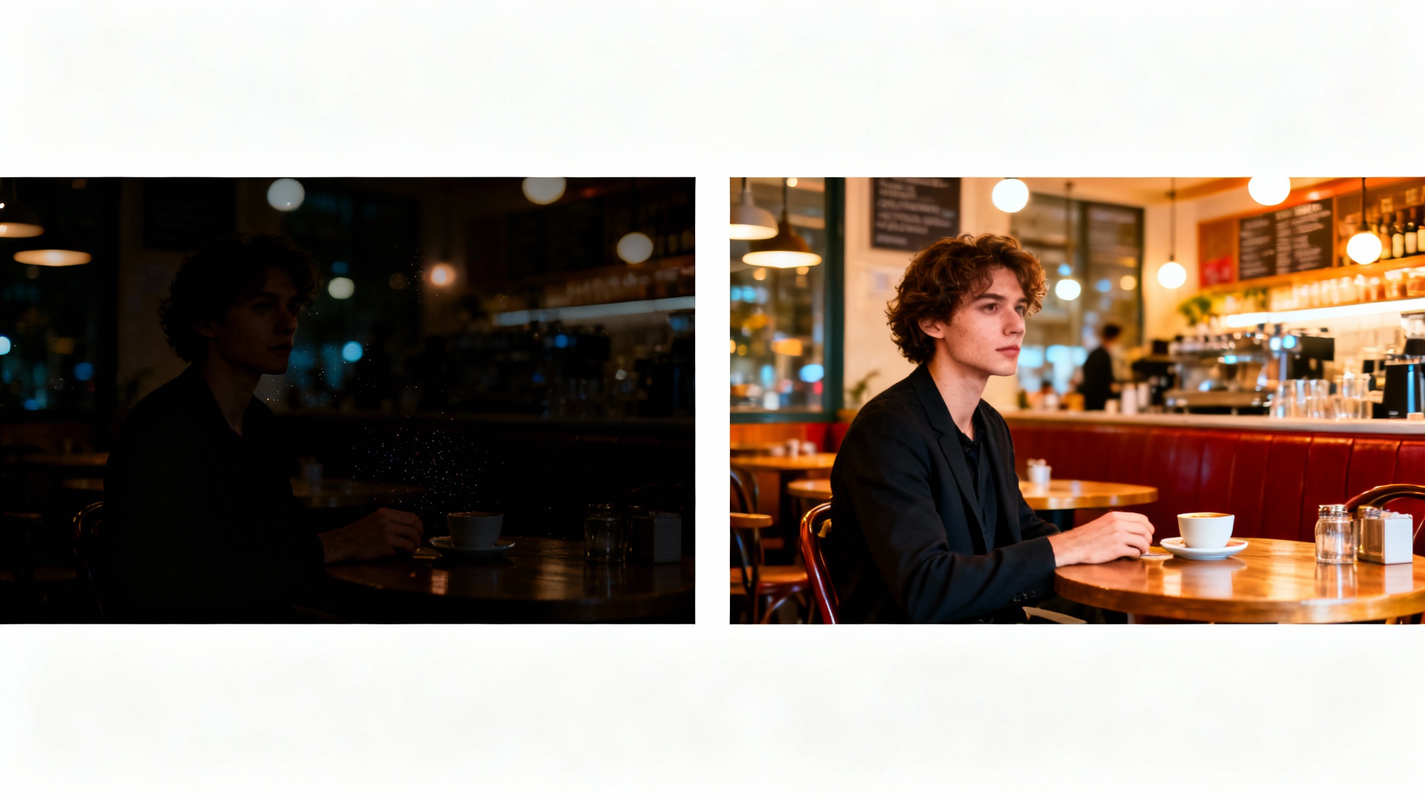 A side-by-side comparison showing the effect of low light image enhancement. The 'before' image on the left is a dark, grainy portrait, while the 'after' image on the right is the same portrait but bright, clear, and colorful.
