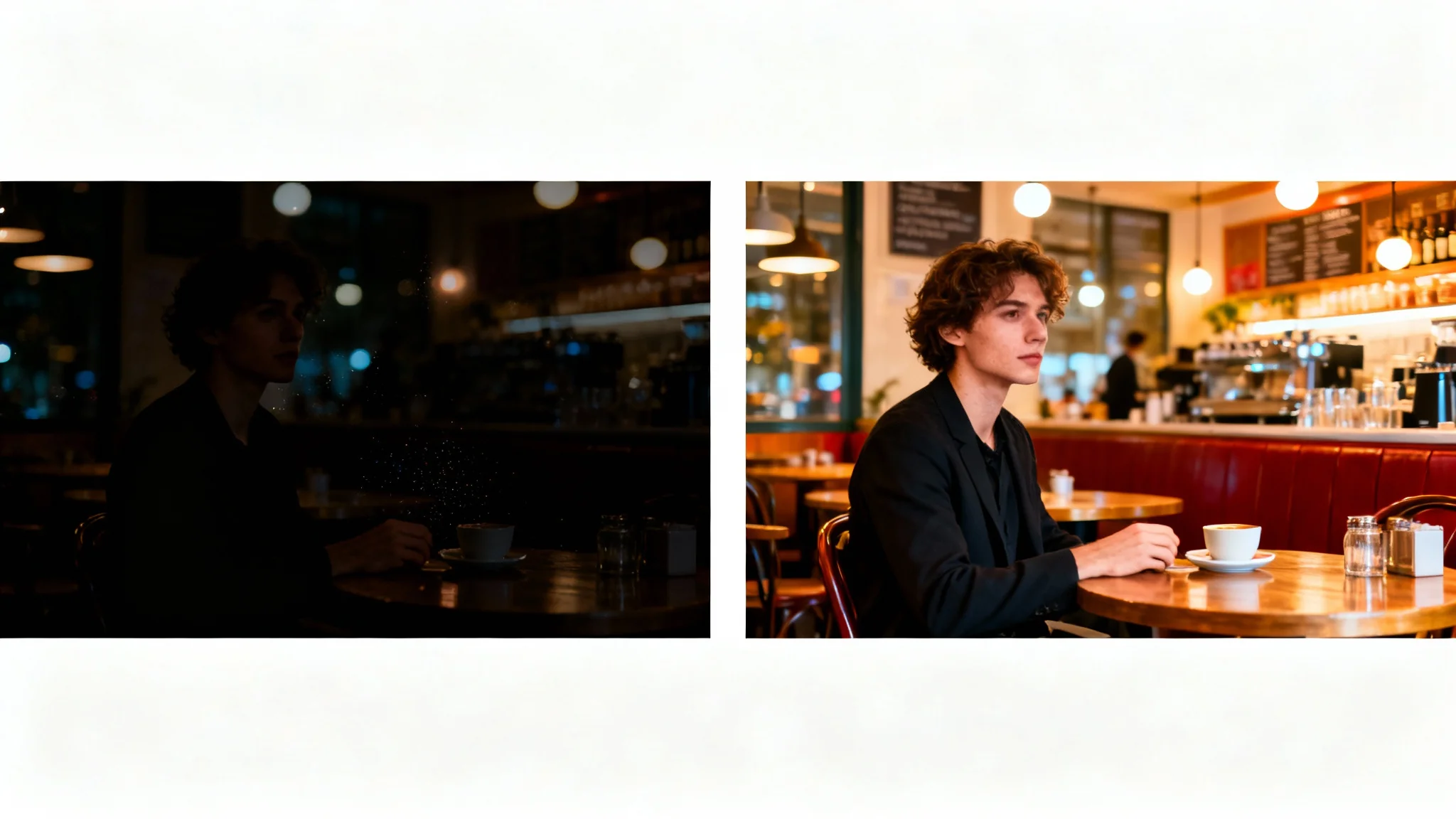 A side-by-side comparison showing the effect of low light image enhancement. The 'before' image on the left is a dark, grainy portrait, while the 'after' image on the right is the same portrait but bright, clear, and colorful.