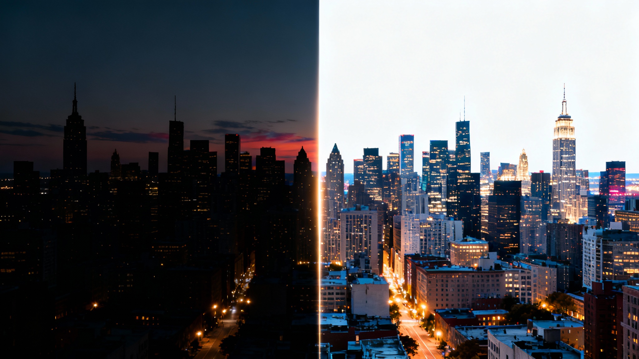 A split-screen image showing the effect of low-light enhancement on a cityscape photo. The 'before' half is dark and grainy, while the 'after' half is bright, clear, and detailed.