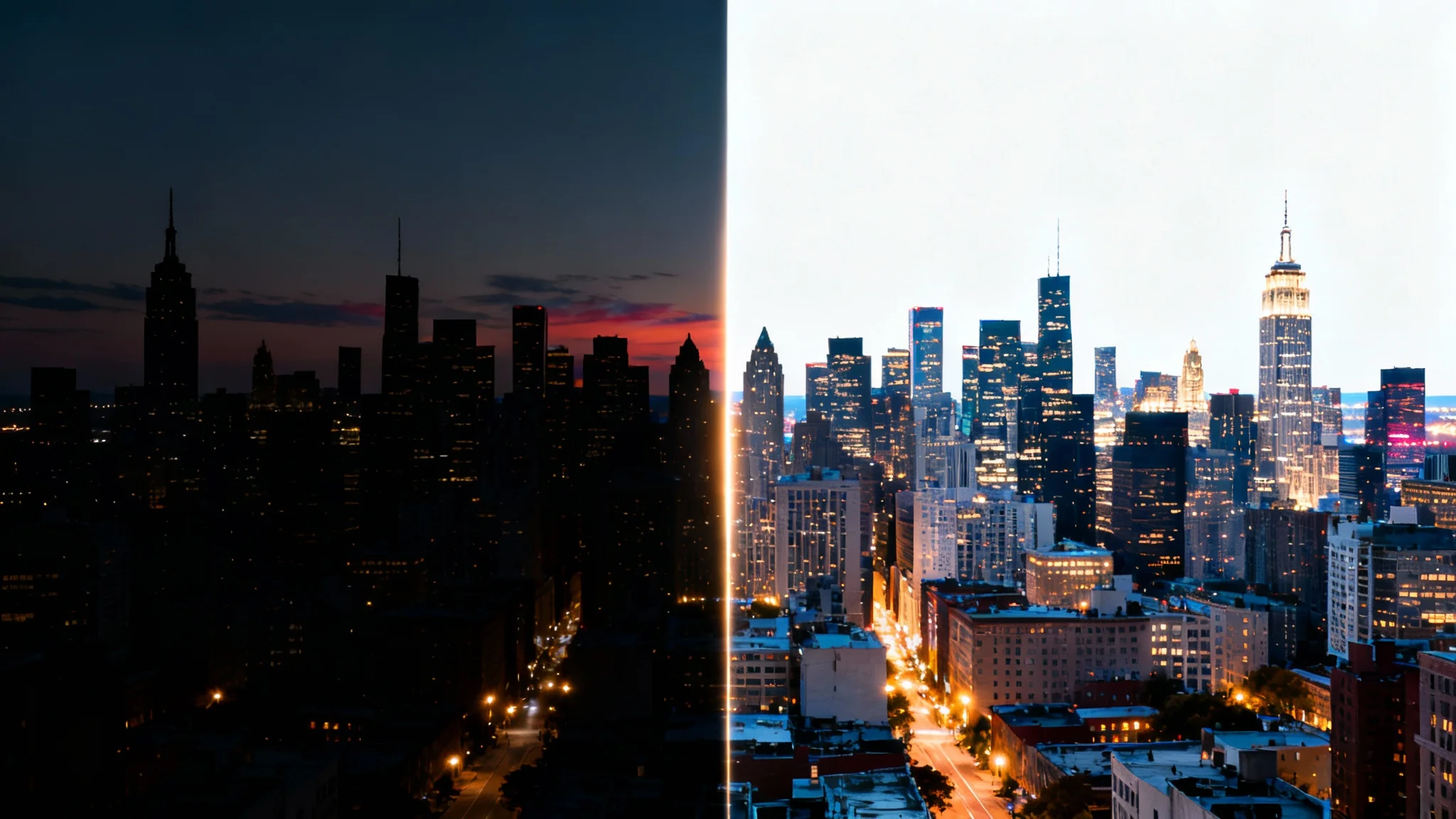 A split-screen image showing the effect of low-light enhancement on a cityscape photo. The 'before' half is dark and grainy, while the 'after' half is bright, clear, and detailed.