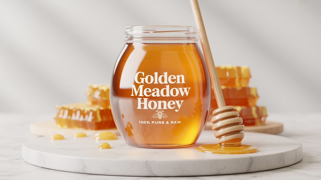 A high-end product mockup of a glass jar of honey with a custom label that reads 'Golden Meadow Honey', displayed elegantly on a white marble surface with a honey dipper.