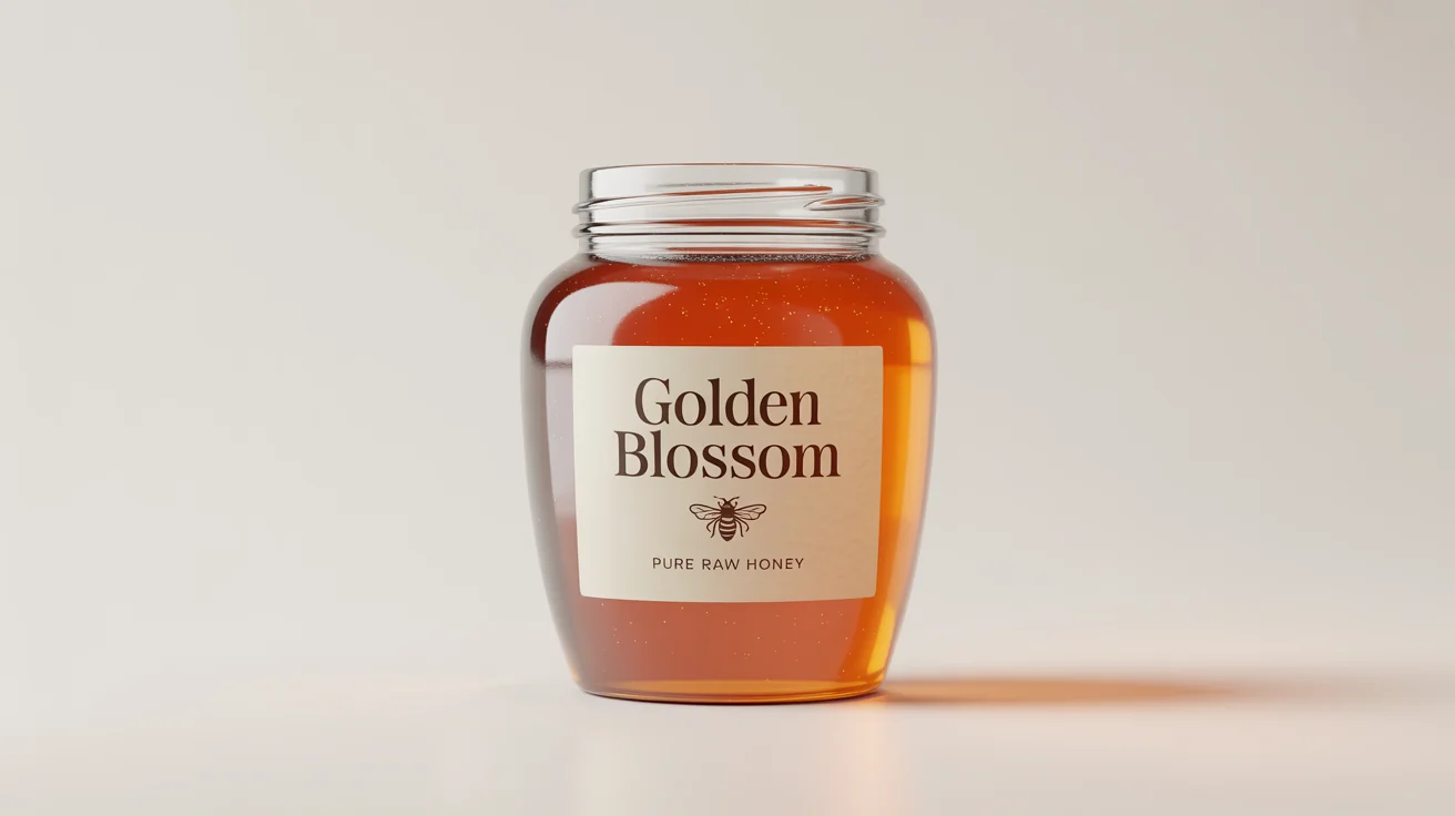 A photorealistic mockup of a clear glass jar filled with golden honey, featuring a label for 'Golden Blossom Pure Raw Honey', set against a plain white background.