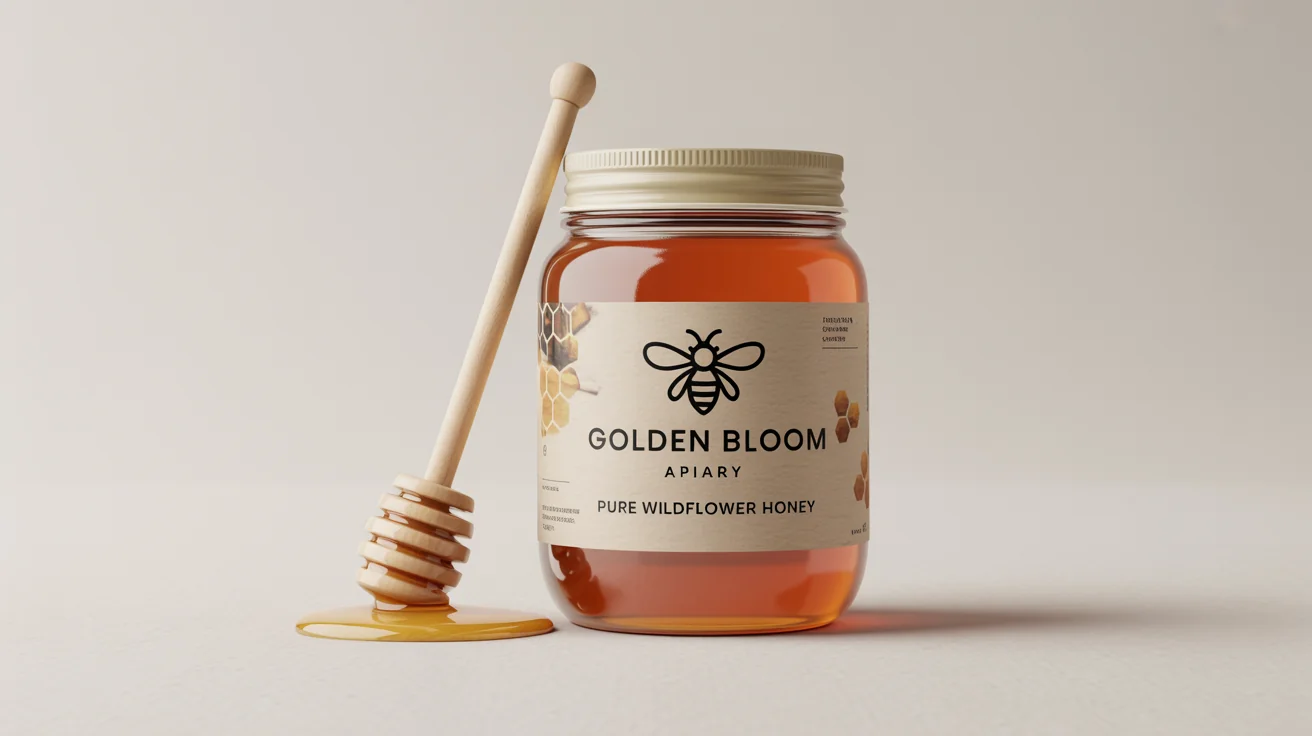 A professional mockup of a clear glass jar filled with golden honey, featuring a label for 'Golden Bloom Apiary Pure Wildflower Honey' and a wooden honey dipper resting against it, all on a clean white background.