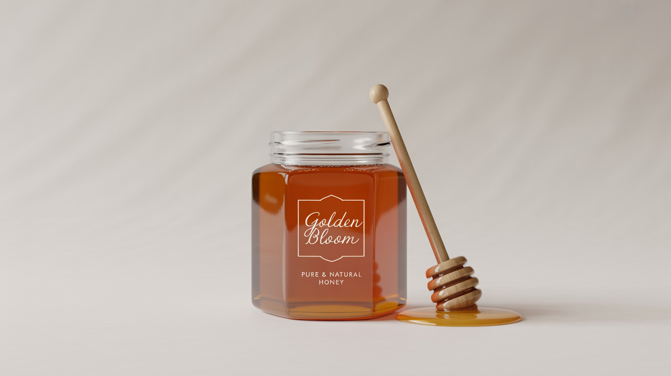 A photorealistic mockup of a hexagonal glass jar of 'Golden Bloom' honey on a white background, with a wooden honey dipper resting beside it.