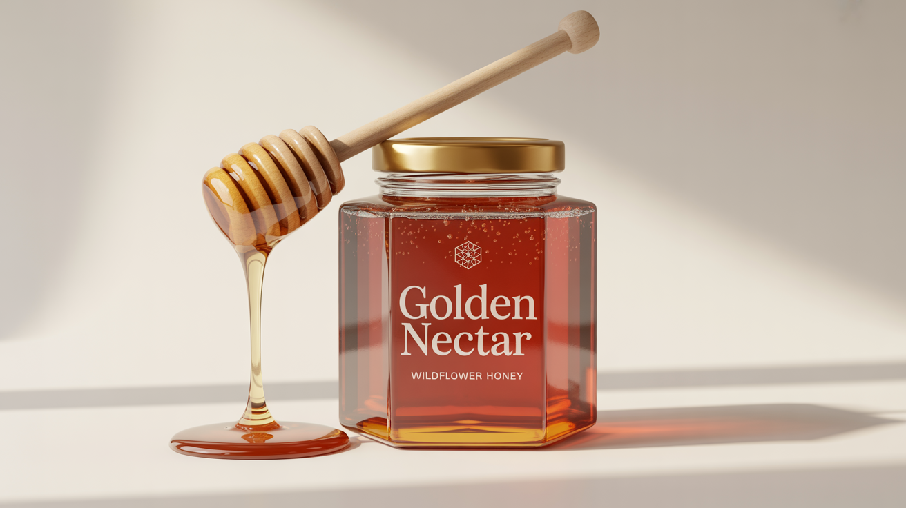 A photorealistic mockup of a hexagonal glass honey jar filled with golden honey, featuring a white label that reads 'Golden Nectar' and 'Wildflower Honey'. A wooden honey dipper with a drop of honey rests beside it on a clean white background.