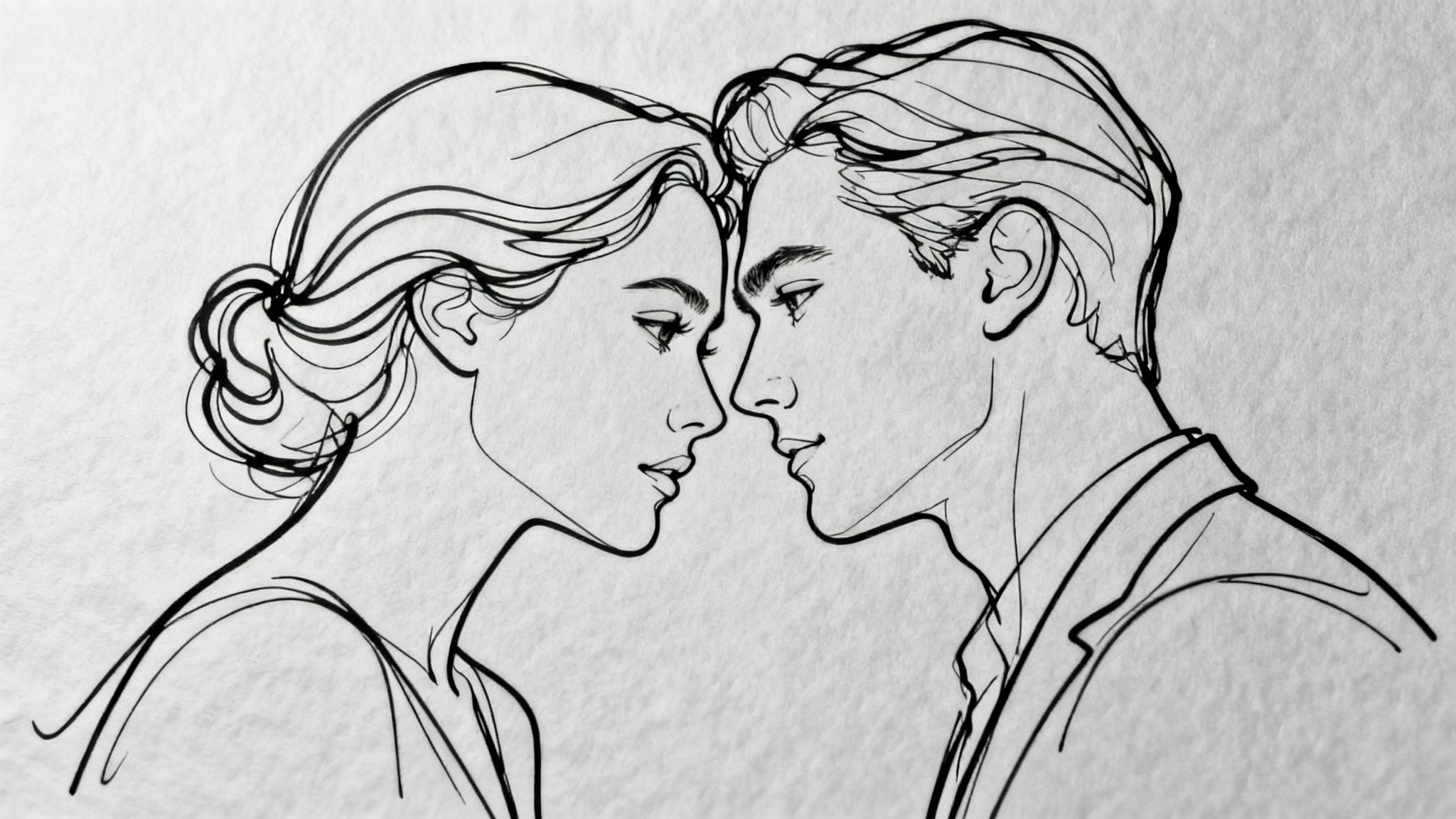 An elegant continuous line drawing of two faces in profile, created with a single unbroken black line on a light gray background.