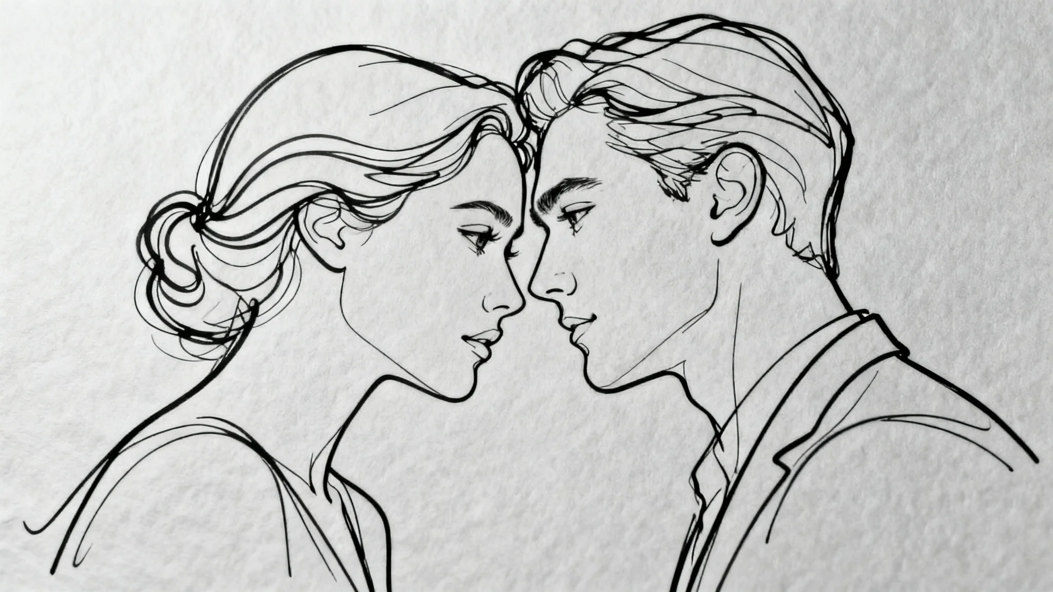 An elegant continuous line drawing of two faces in profile, created with a single unbroken black line on a light gray background.