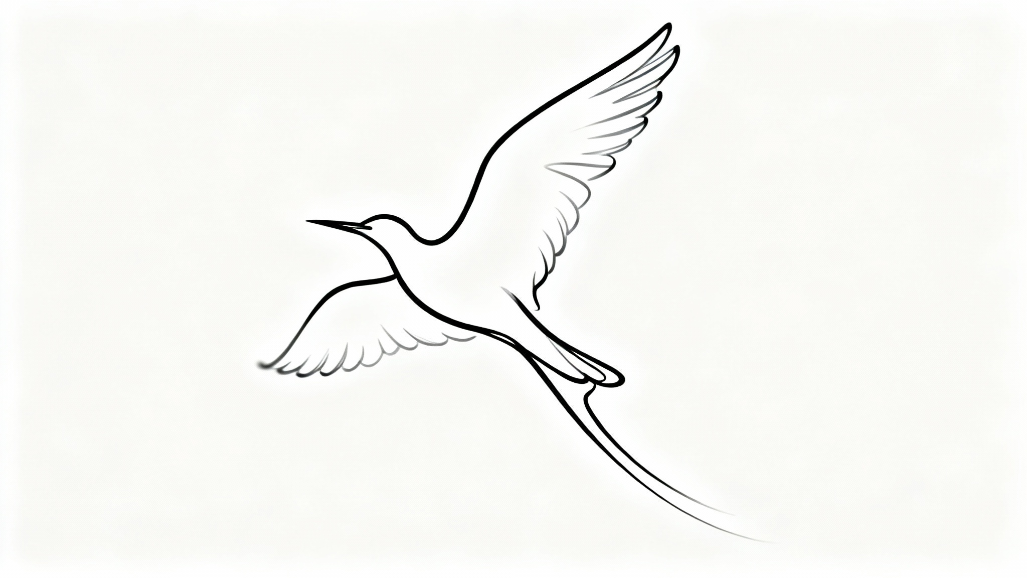 A minimalist continuous line drawing of a bird in flight, created with a single black line on a solid white background.