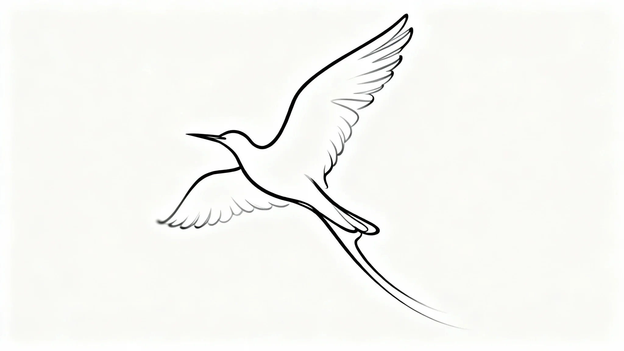 A minimalist continuous line drawing of a bird in flight, created with a single black line on a solid white background.