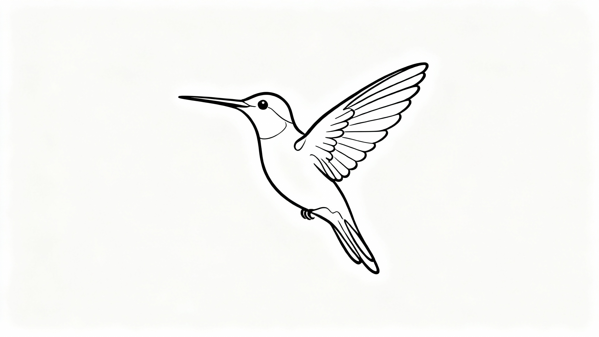 A minimalist continuous line drawing of a hummingbird in flight, created with a single black line on a plain white background.