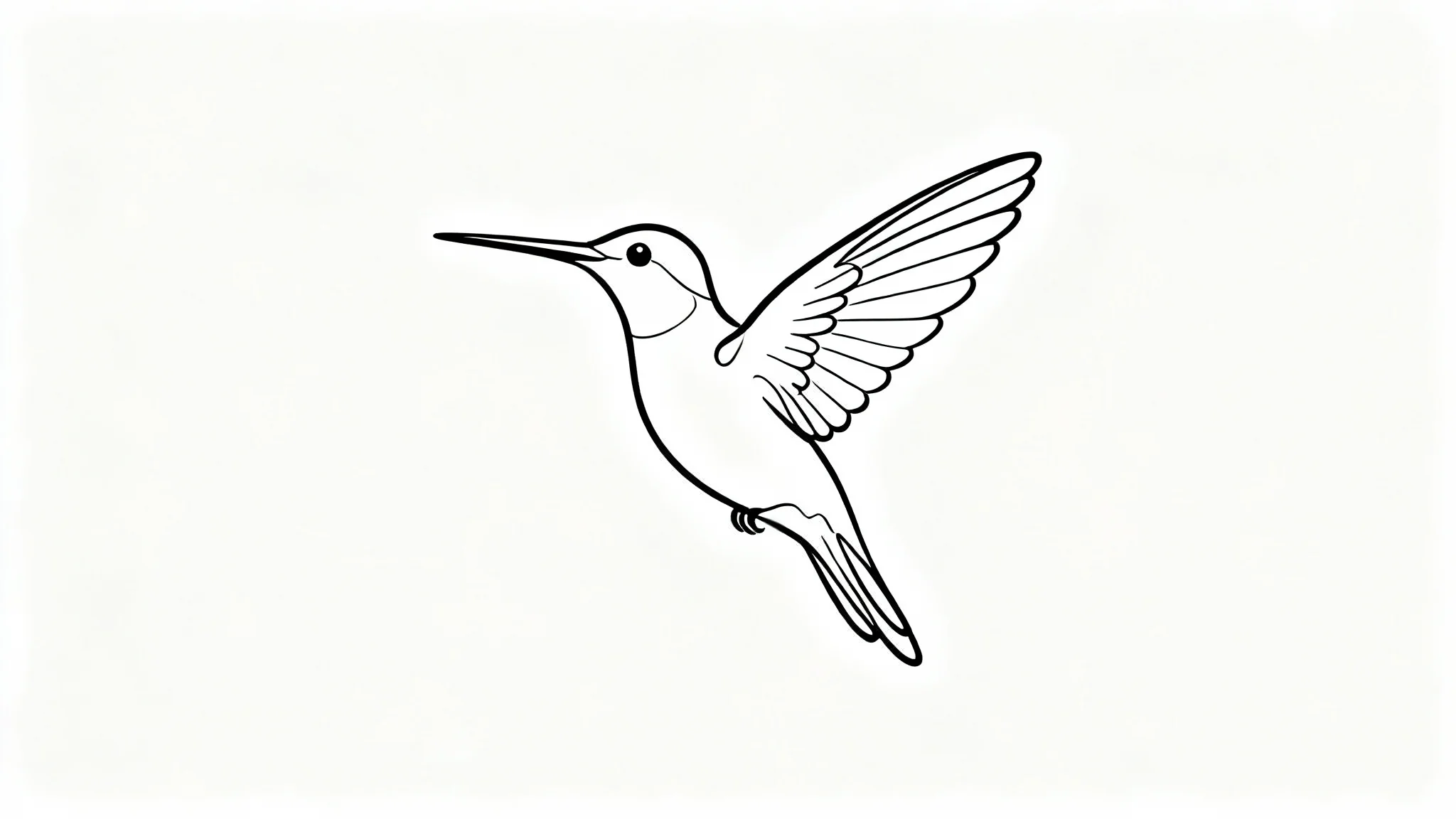 A minimalist continuous line drawing of a hummingbird in flight, created with a single black line on a plain white background.