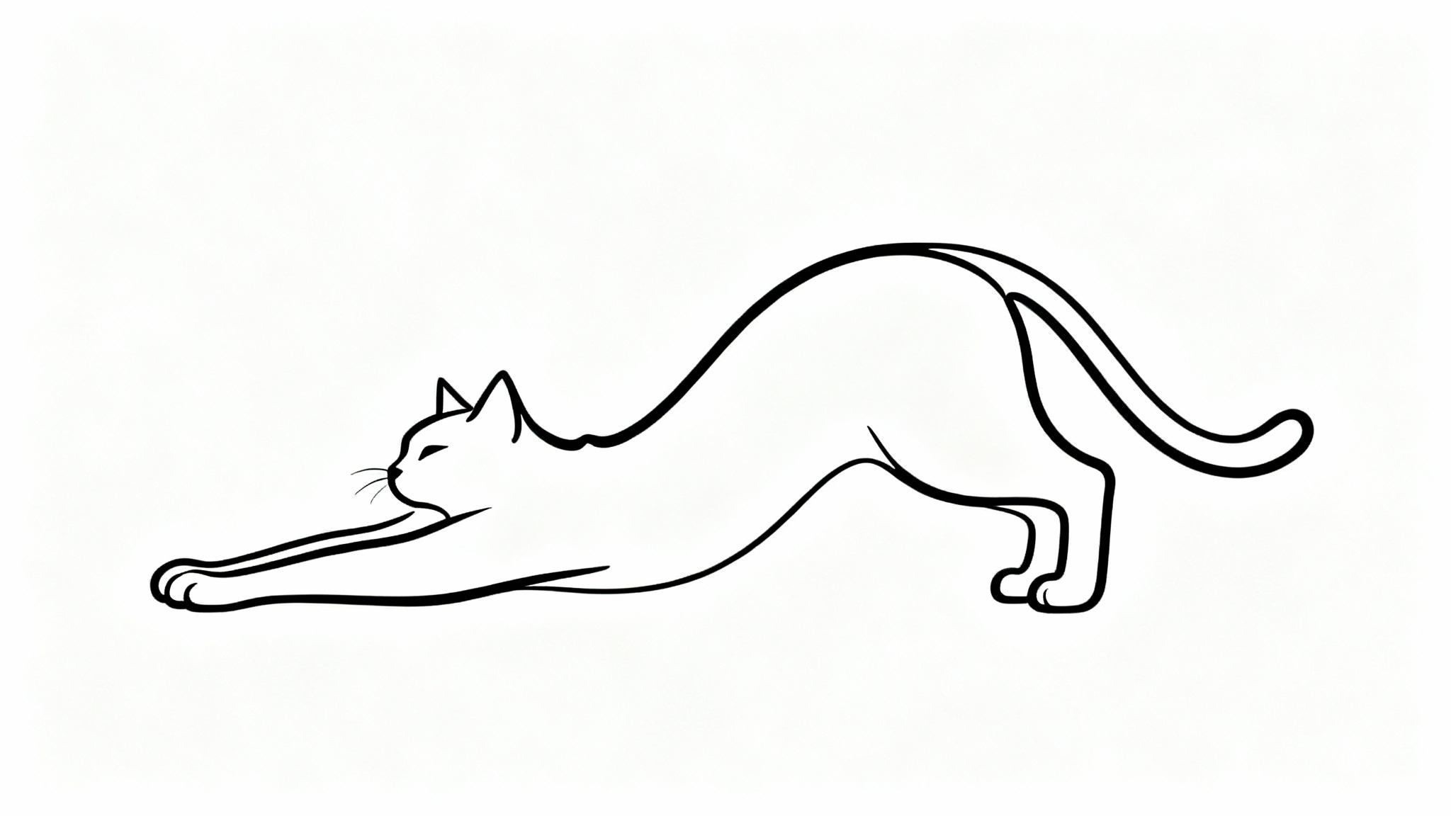 A minimalist continuous line drawing of a cat stretching, created with a single, unbroken black line on a plain white background.